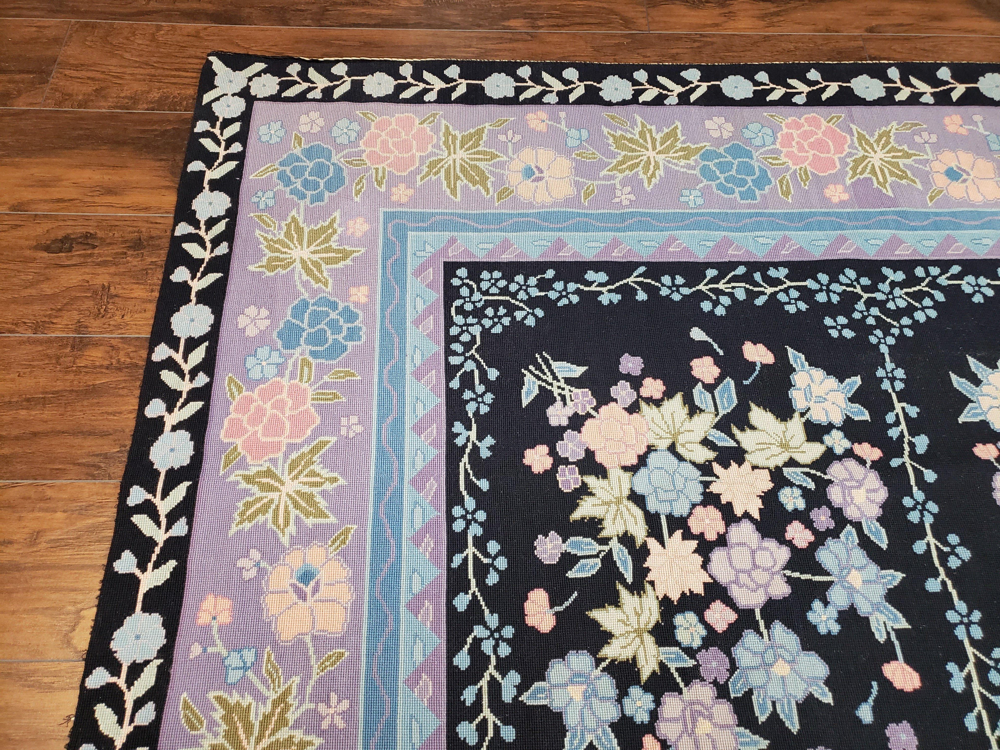 Chinese Needlepoint Rug 8 x 11.4, Hand-Woven Area Carpet, Flatweave Rug, Black Blue Light Violet Floral Garden European Design Wool Aubusson