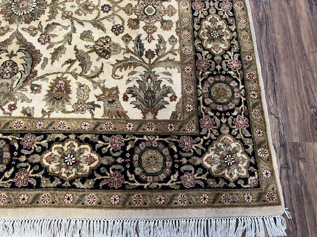 Indo Mahal Rug 6x9, Indian Floral Carpet 6 x 9, Beige and Black, Allover Design, Living Room Rug, Bedroom Rug, Traditional Rug, Vintage Rug