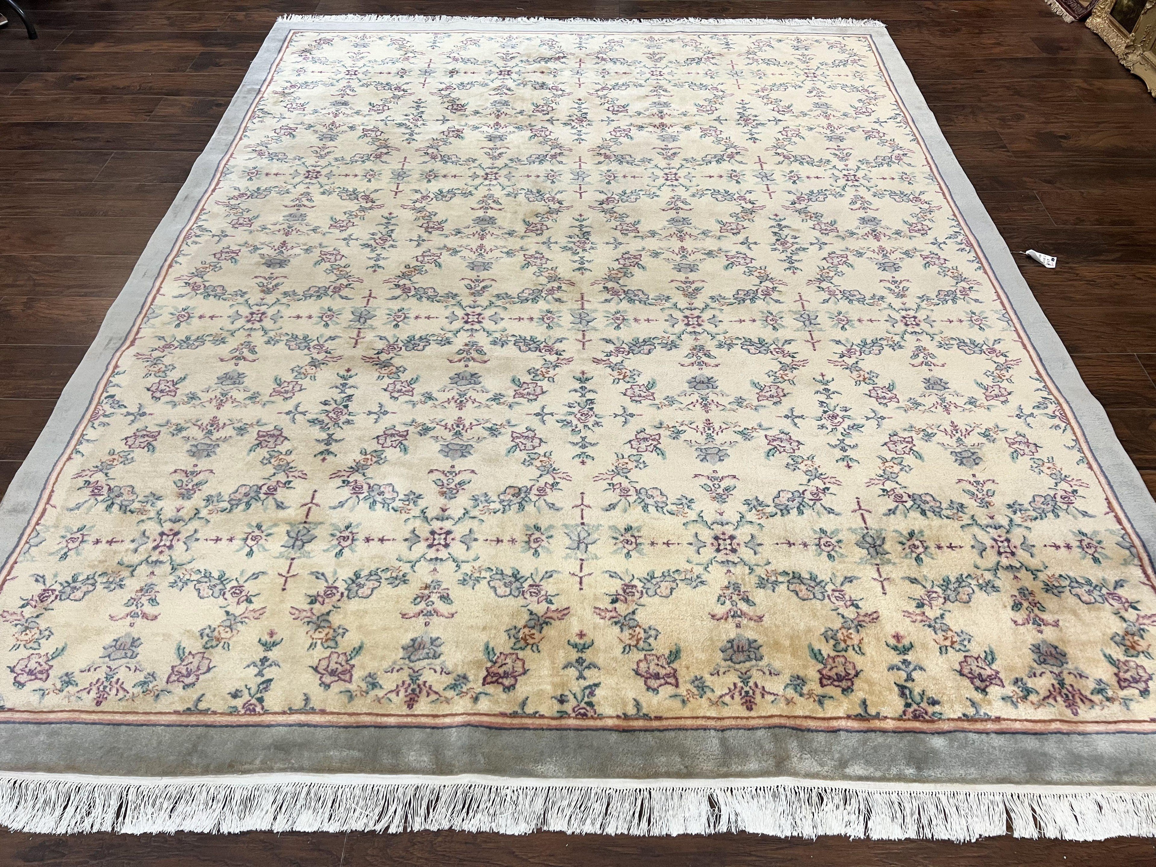 Sino Persian Rug 8x10, Floral, Oatmeal and Light Teal, Handmade Wool Vintage Carpet