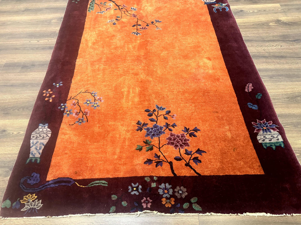 Chinese Art Deco Rug 5x8, Antique Chinese Wool Rug, Nichols Rug, Rare Chinese Carpet, Orange and Purple-Maroon