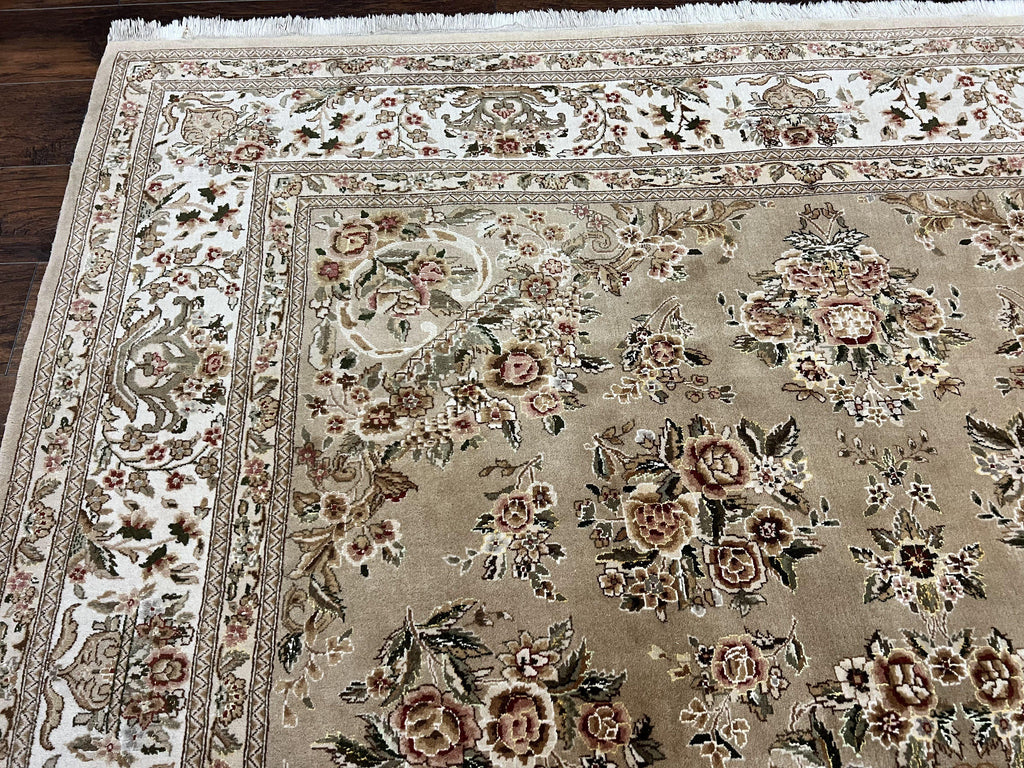 Sino Persian Rug 8x10, Soft Wool, Silk Highlights, Hand Knotted Vintage Carpet, Taupe & Ivory, Floral, Traditional Rug 8 x 10