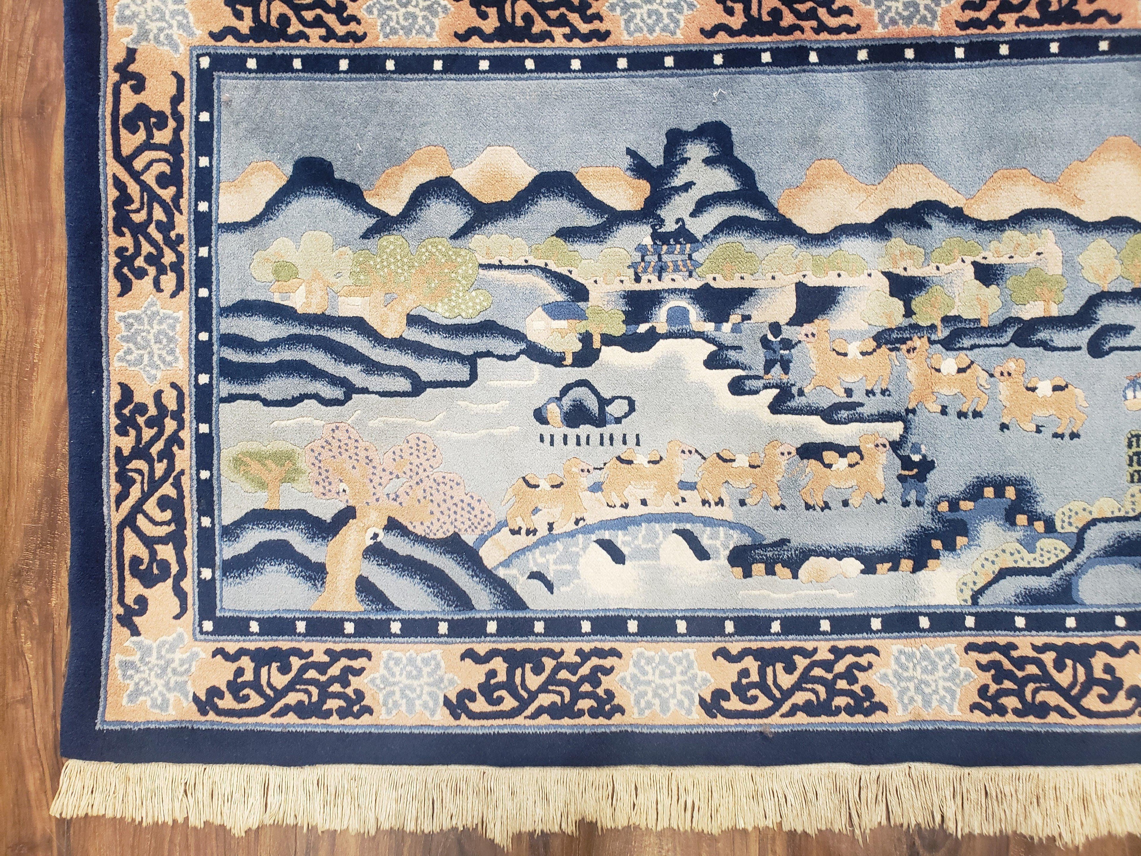 Vintage Chinese Pictorial Rug 2'4" x 4' 7", Chinese Village, Wool Hand-Knotted Blue & Teal Fine Carpet, Tapestry Rug, Woven Wall Art