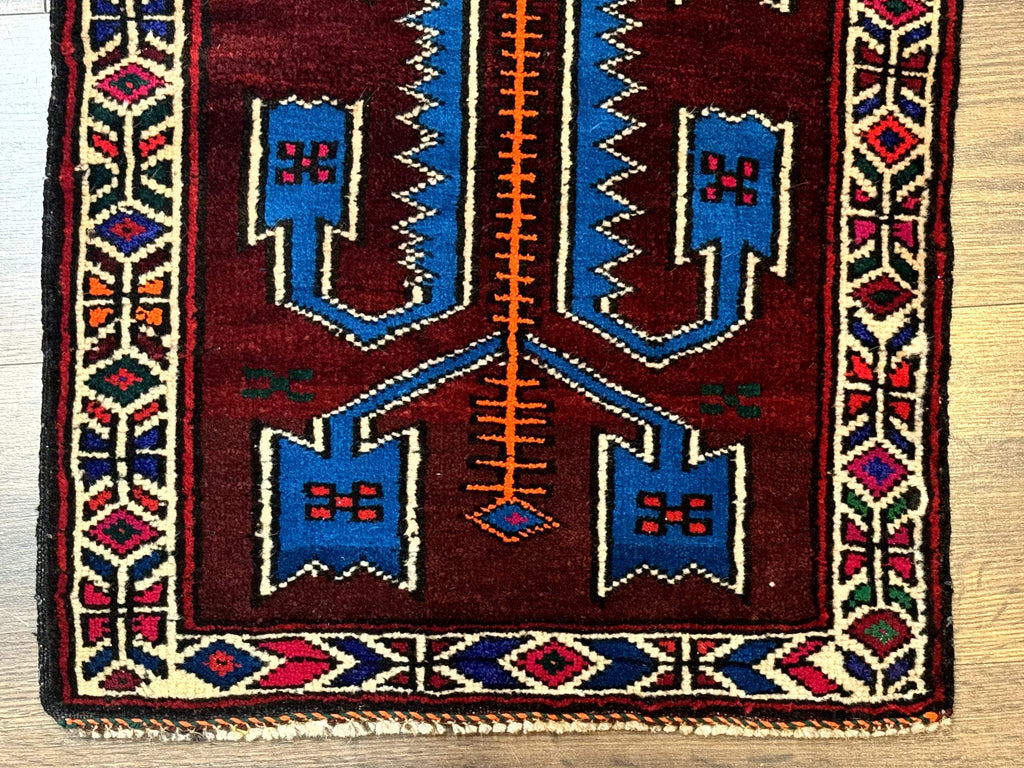 Persian Tribal Rug 1.8 x 2, Small Balouchi Rug, Unique Design, Burgundy and Blue