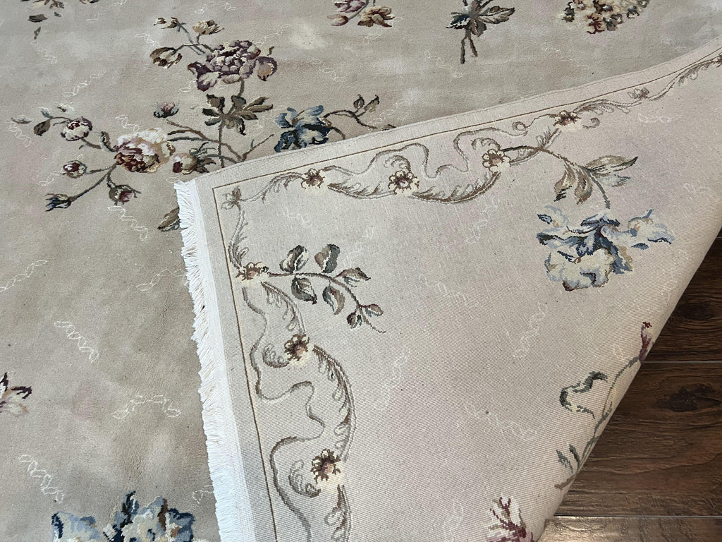 Chinese 120 Line Rug 8x10, Chinese Aubusson Wool & Silk Highlights Handmade Vintage Carpet, Beige Fine Weave Rug, Floral European Design