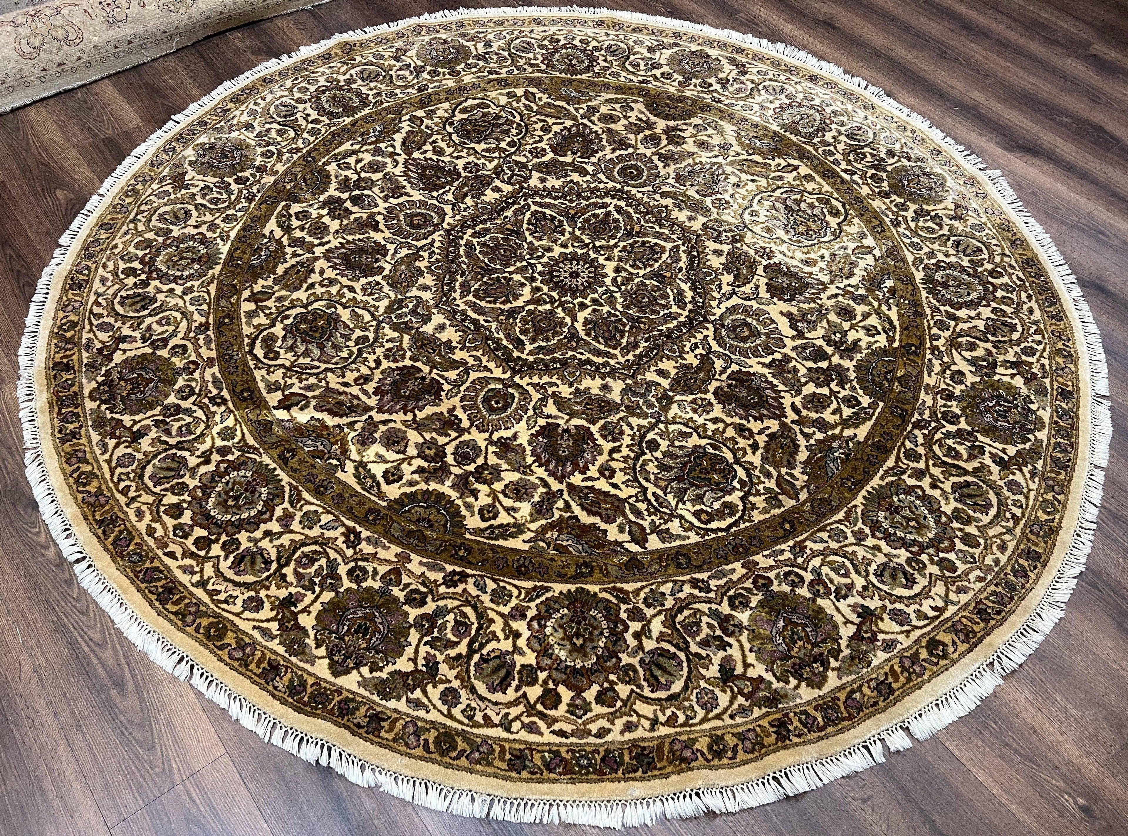 Round Indo Persian Rug 8x8 ft, Large Hand Knotted Vintage Wool Circular Carpet, 8ft Round Oriental Rug, Floral Medallion, Cream and Green