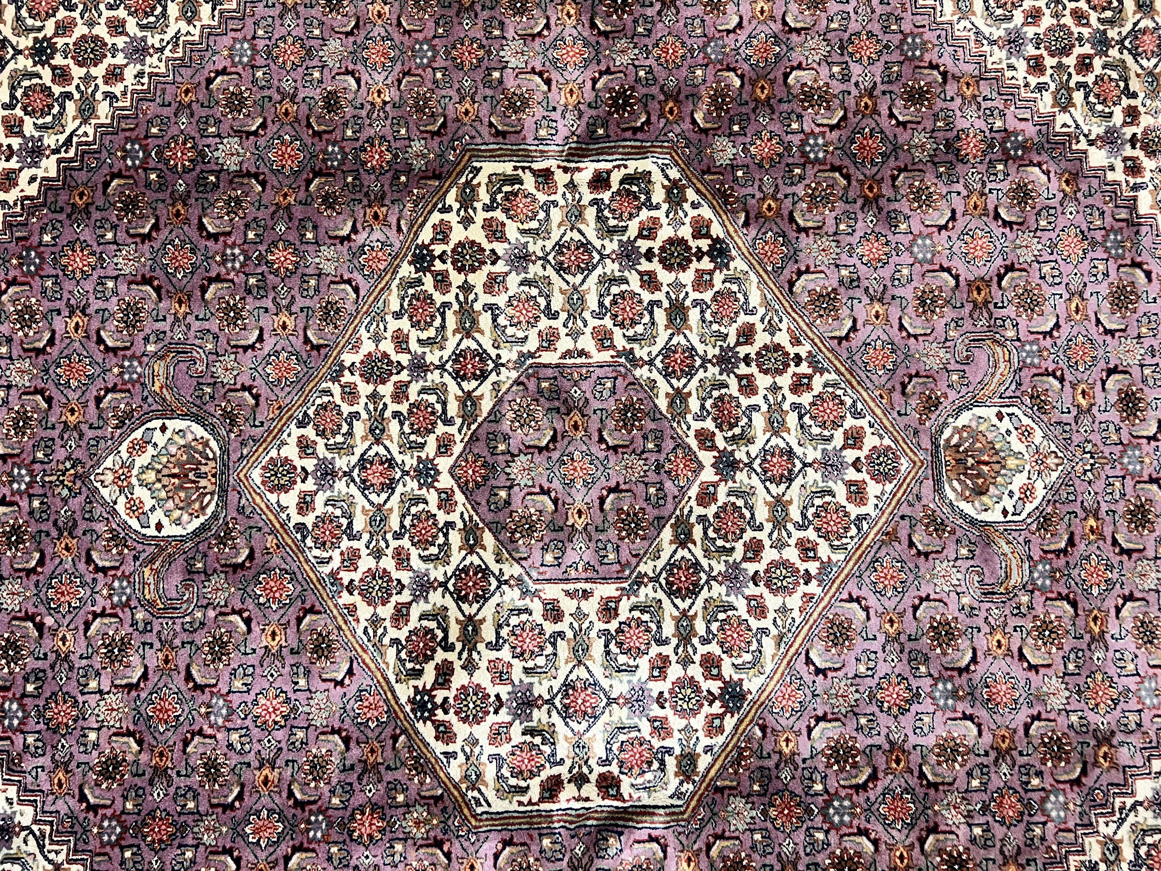 Indo Persian Bidjar Rug 8x10, Purple and Ivory Hand Knotted Wool Vintage Oriental Carpet, Herati Mahi Pattern, 8 x 10 Traditional Fine Rug