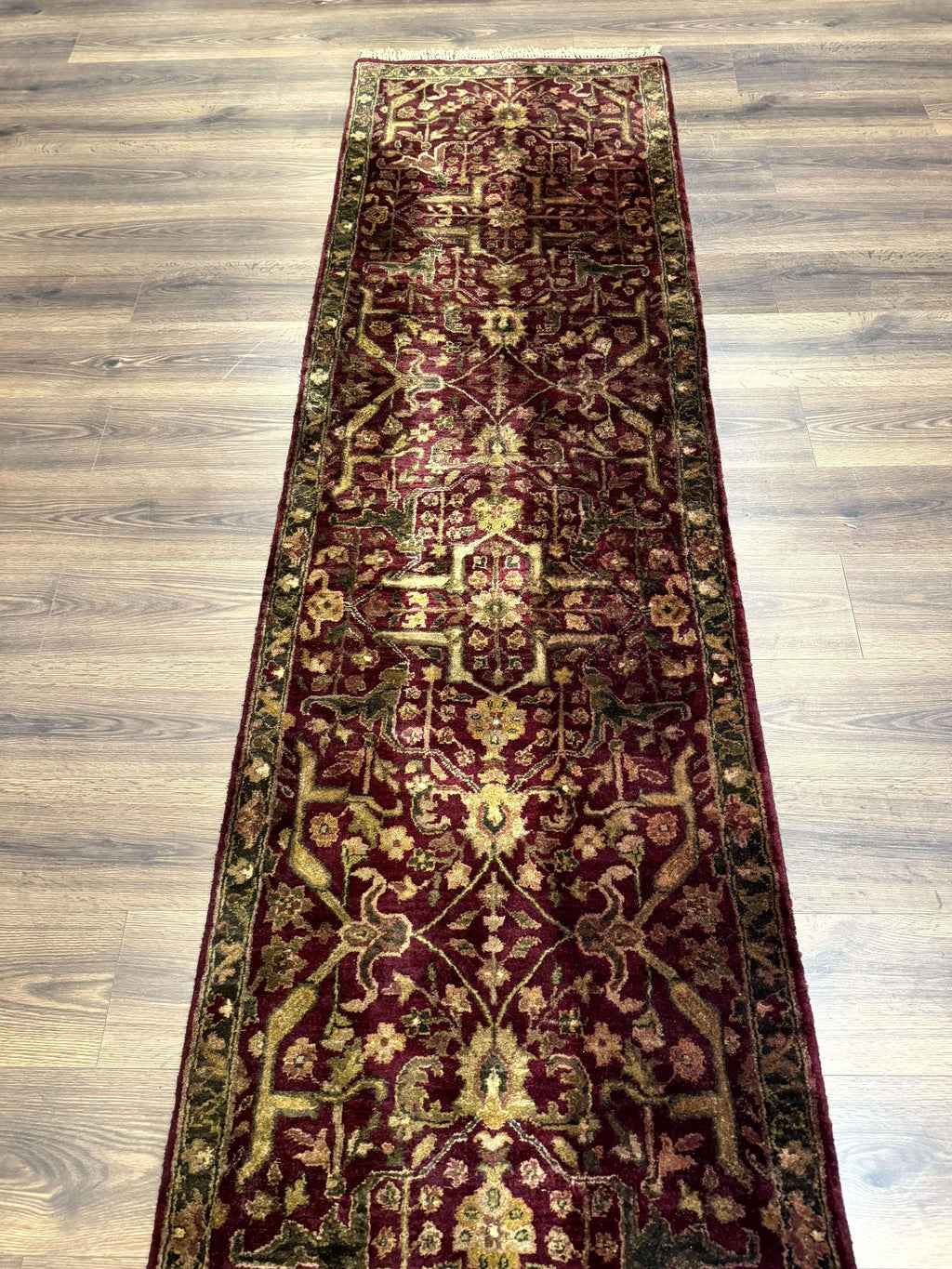 Indo Persian Runner Rug 2.7 x 13.8, Maroon, Wool, Handmade Indian Rug for Hallway