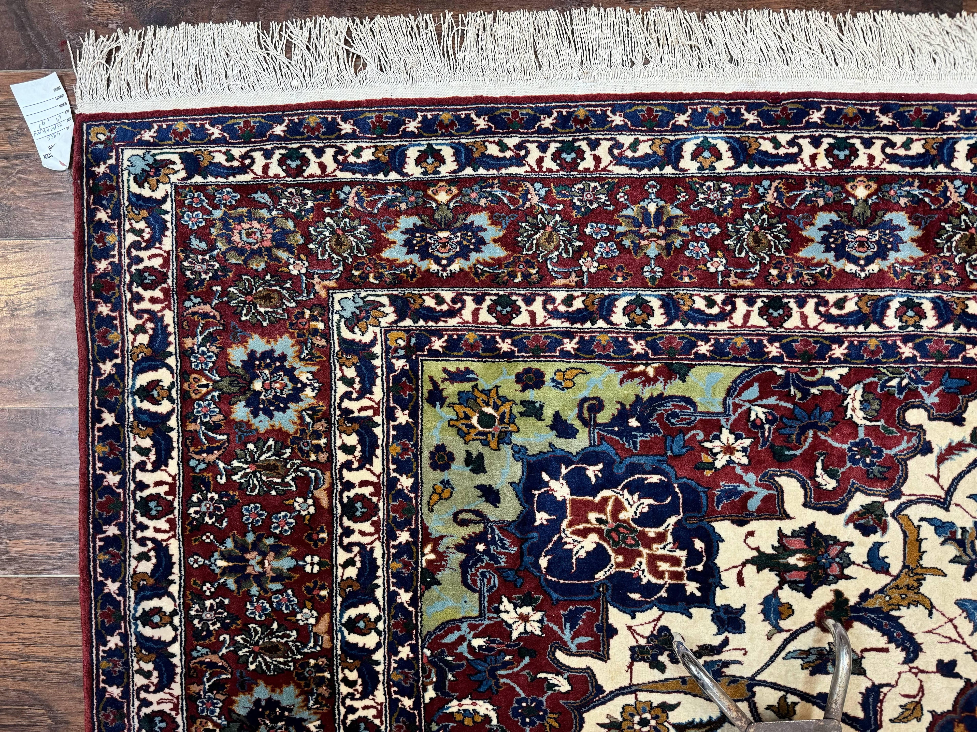 Wonderful Persian Isfahan Rug 7x9, Ivory Navy Blue Red, Floral Medallion, Very Finely Hand Knotted 260 KPSI, Handmade Wool Vintage Rug
