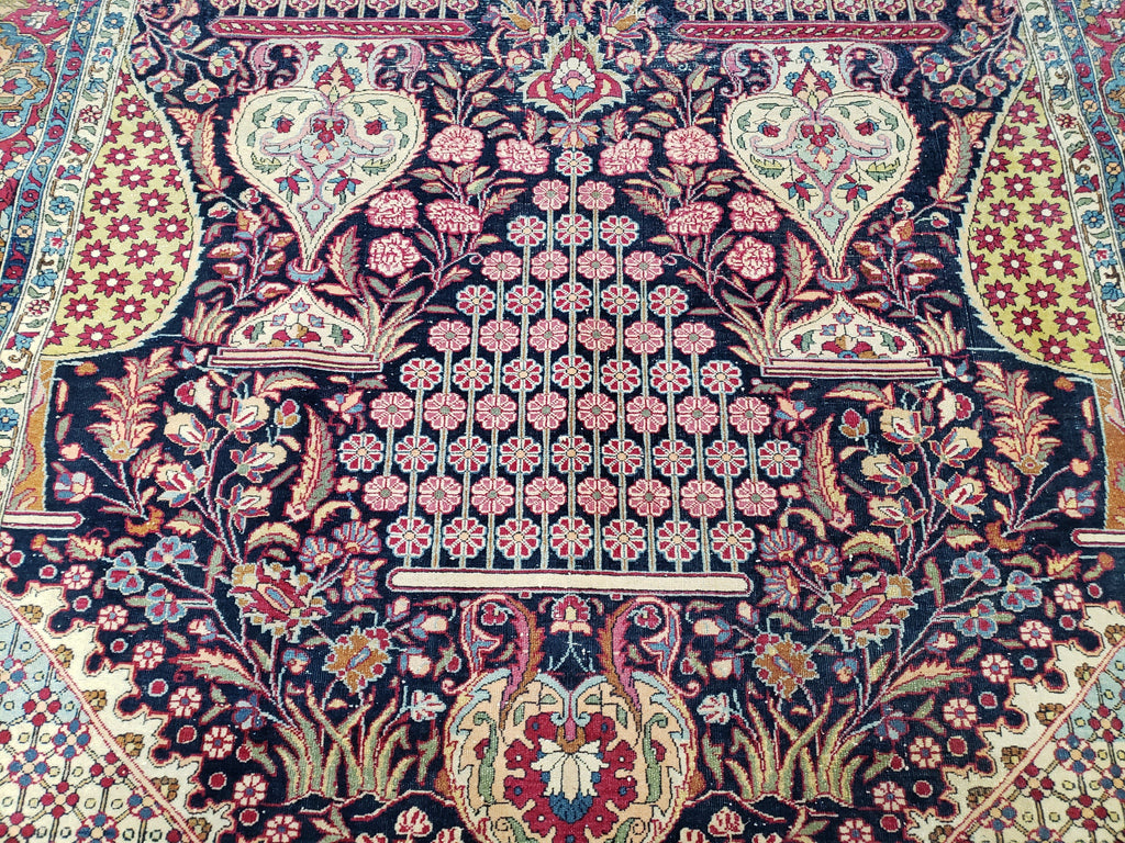 Antique Persian Tehran Rug 5x8, Midnight Blue and Red, Hand-Knotted, Wool