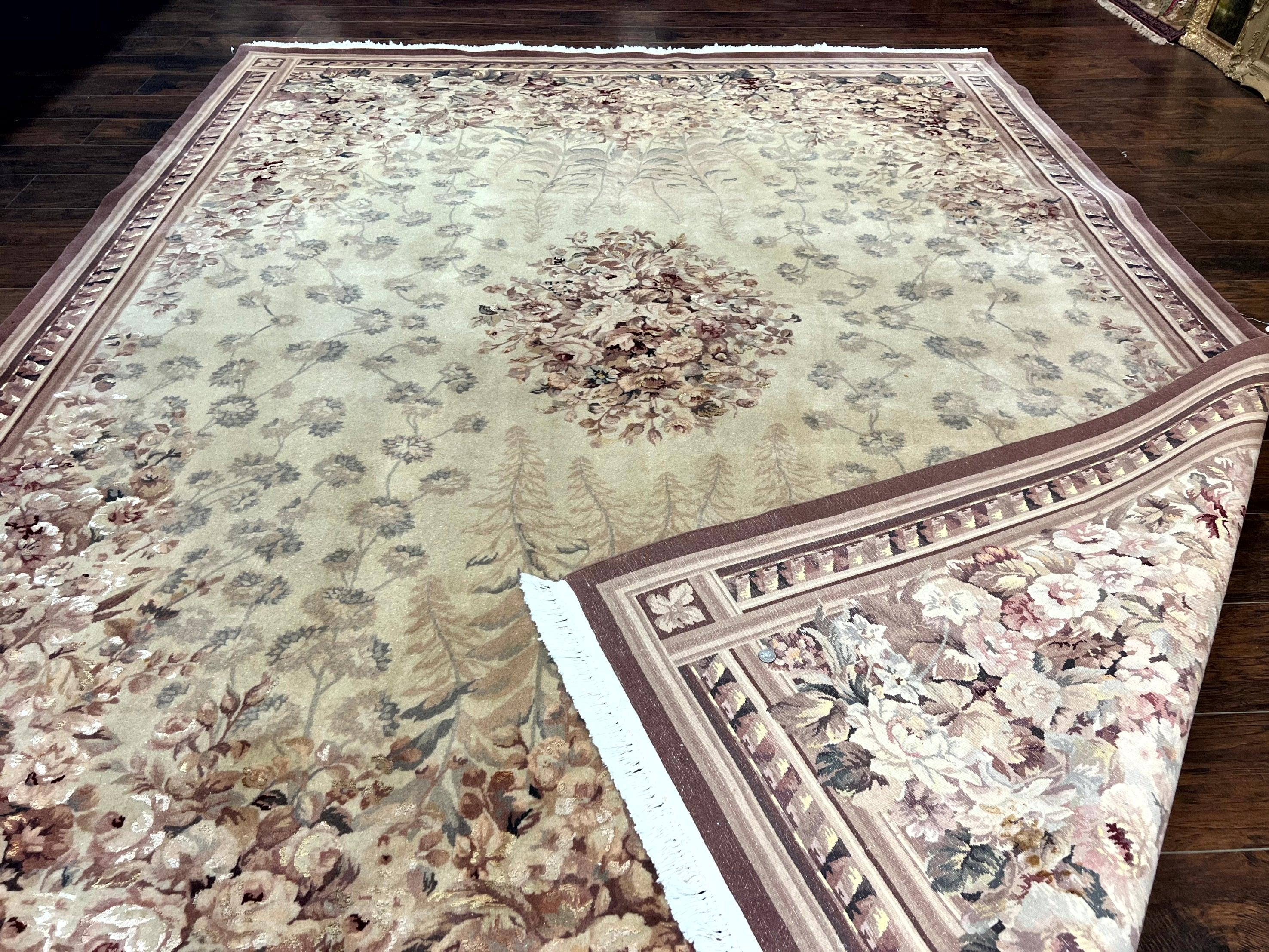 Aubusson Wool Rug 9x11, Wool with Silk Highlights, European Design, Vintage, Handmade, Floral, Fine 210 KPSI