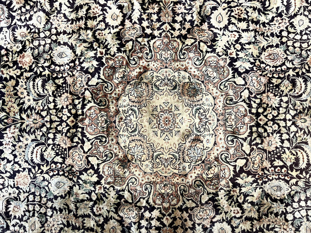 Silk Indian Kashmiri Rug 8x10, Floral Medallion, Indo Persian Carpet, Handmade Vintage Silk Rug