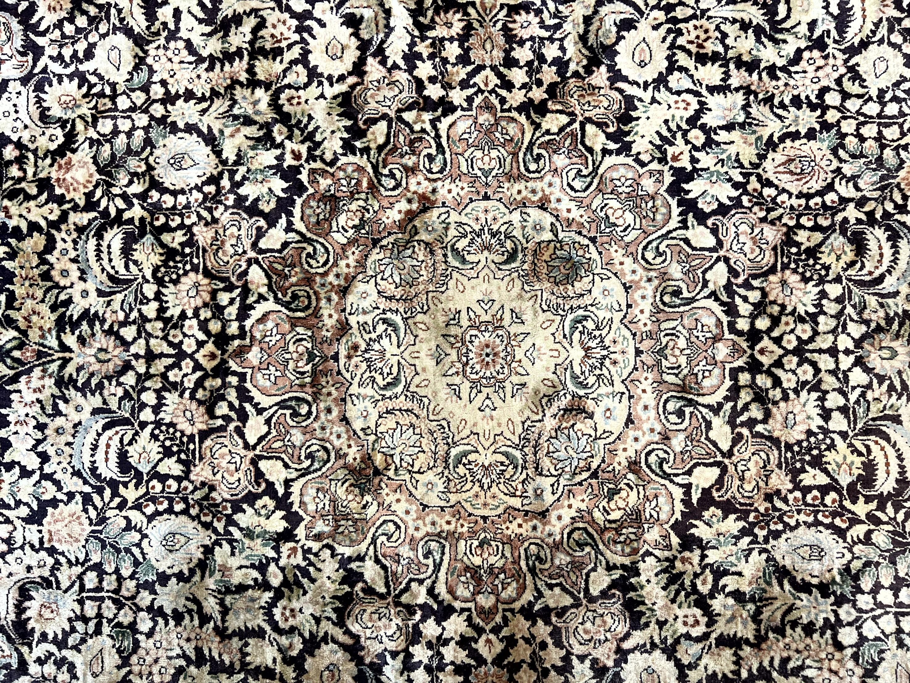 Silk Indian Kashmiri Rug 8x10, Floral Medallion, Indo Persian Carpet, Handmade Vintage Silk Rug