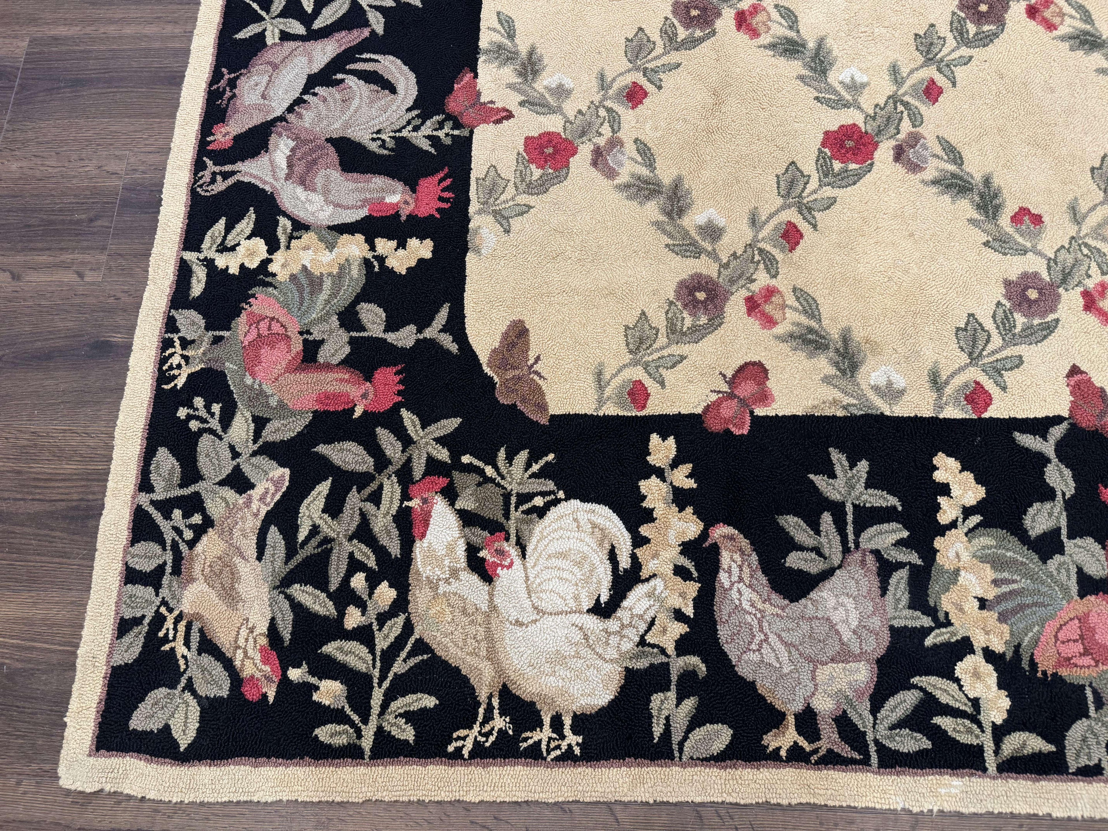 Vintage Hooked Rug 7x9, Rosters in Border, Roses and Butterflies