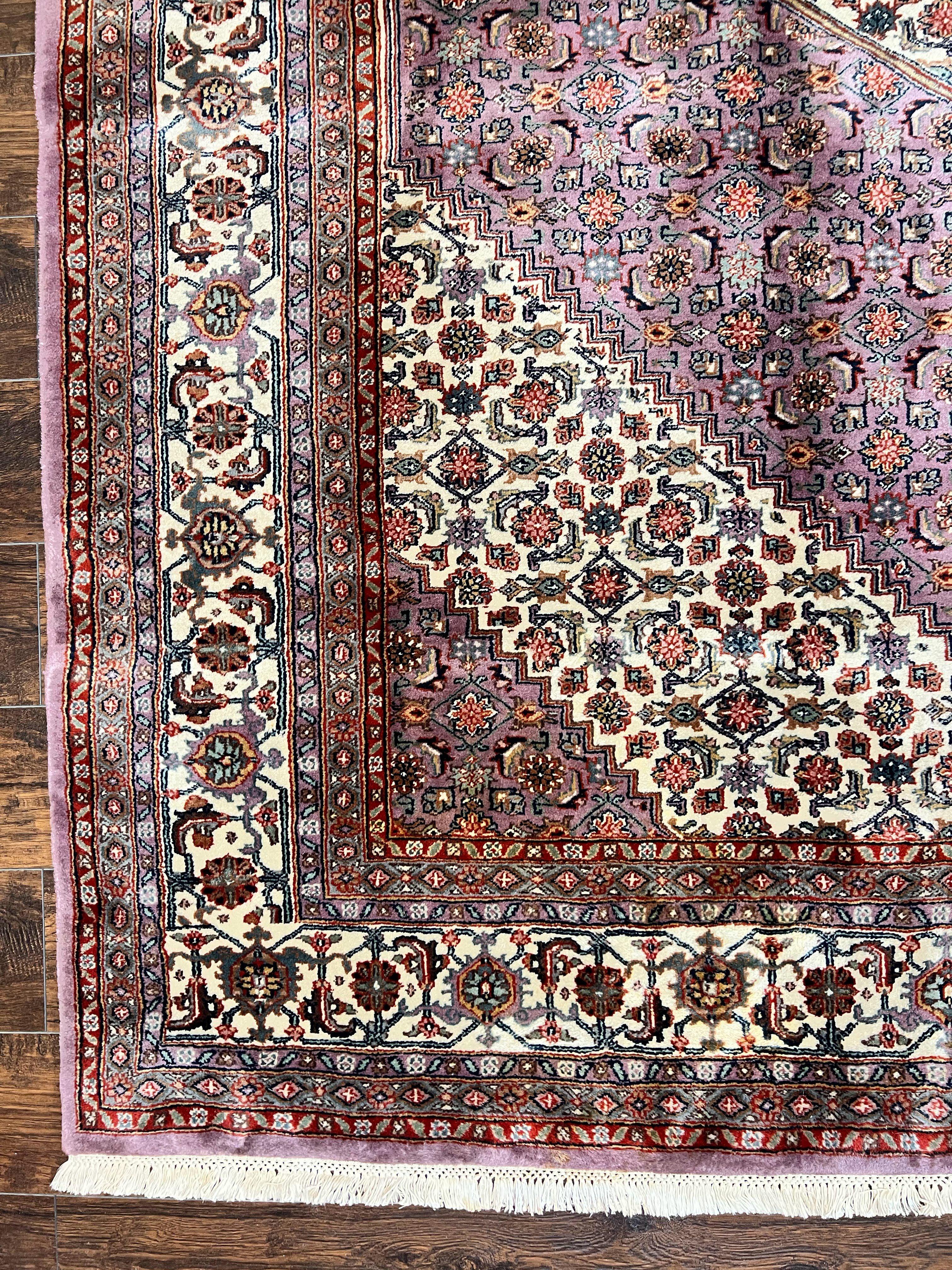Indo Persian Bidjar Rug 8x10, Purple and Ivory Hand Knotted Wool Vintage Oriental Carpet, Herati Mahi Pattern, 8 x 10 Traditional Fine Rug