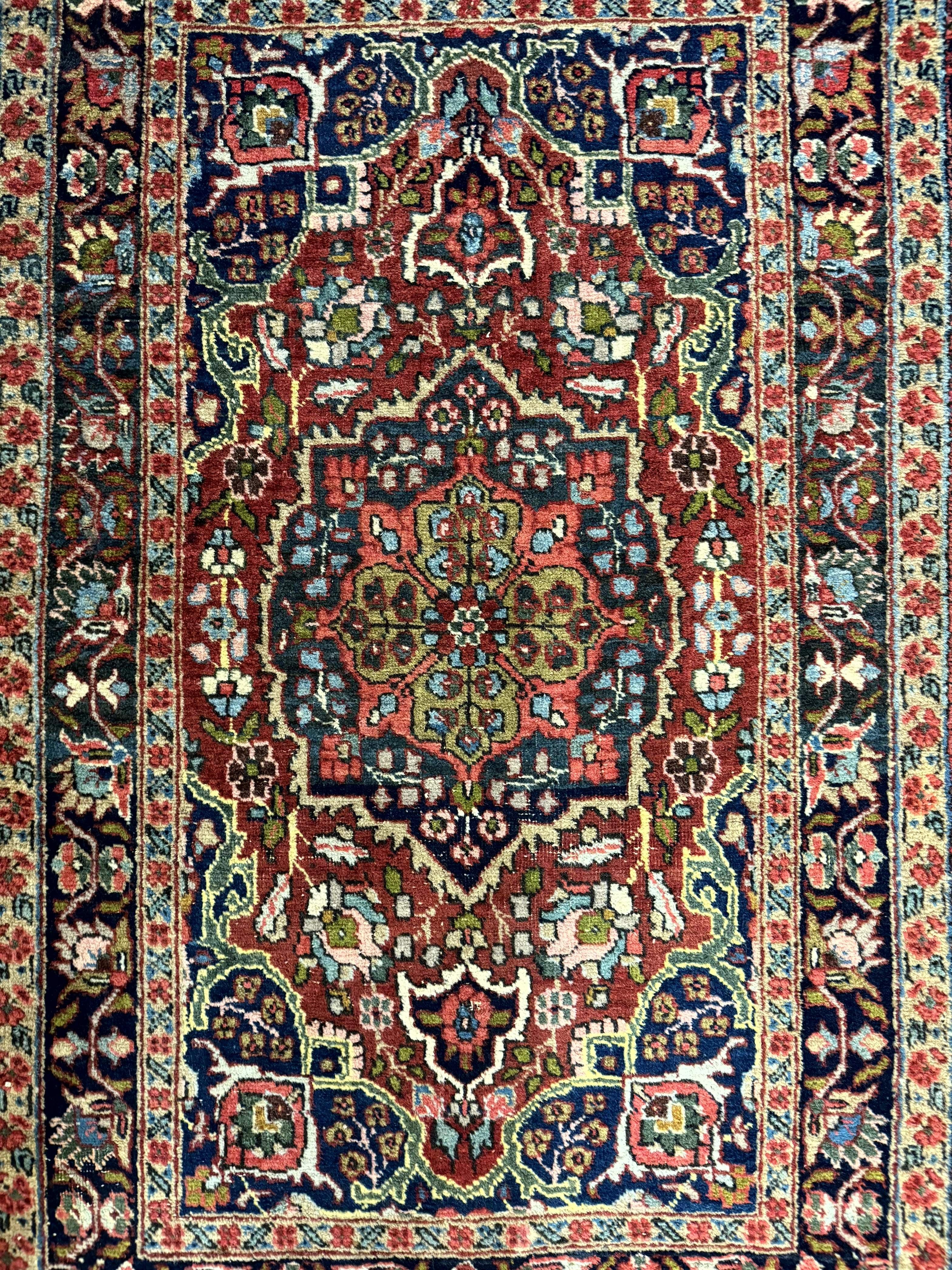 Antique Persian Tabriz Rug 3x5, Brick Red Navy Blue, Floral Medallion, Small Persian Carpet