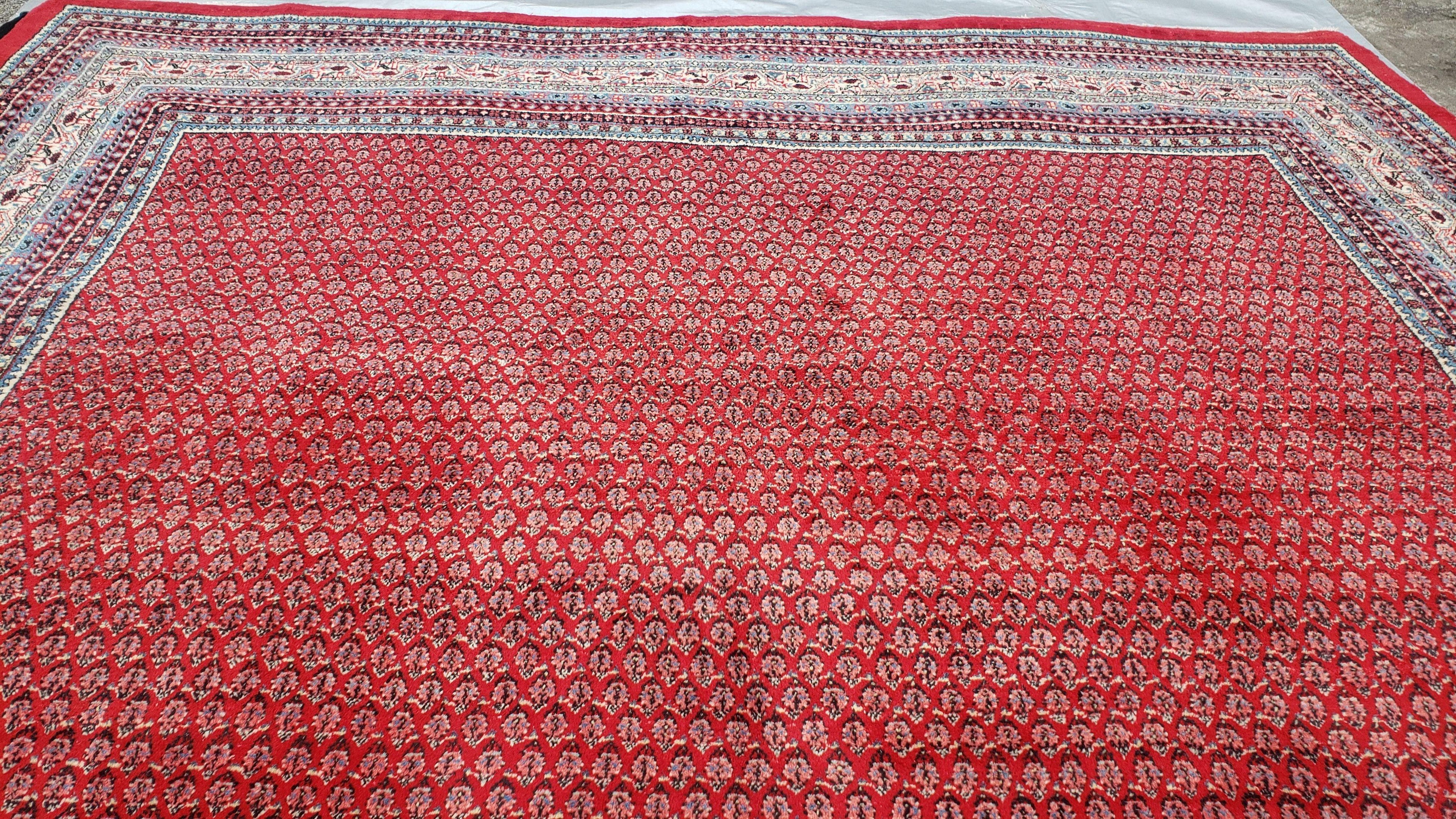 Persian Sarouk Mir Pattern, Red and Beige, Hand-Knotted, Wool, Paisley Boteh Design, 9'9" x 13', Semi Antique