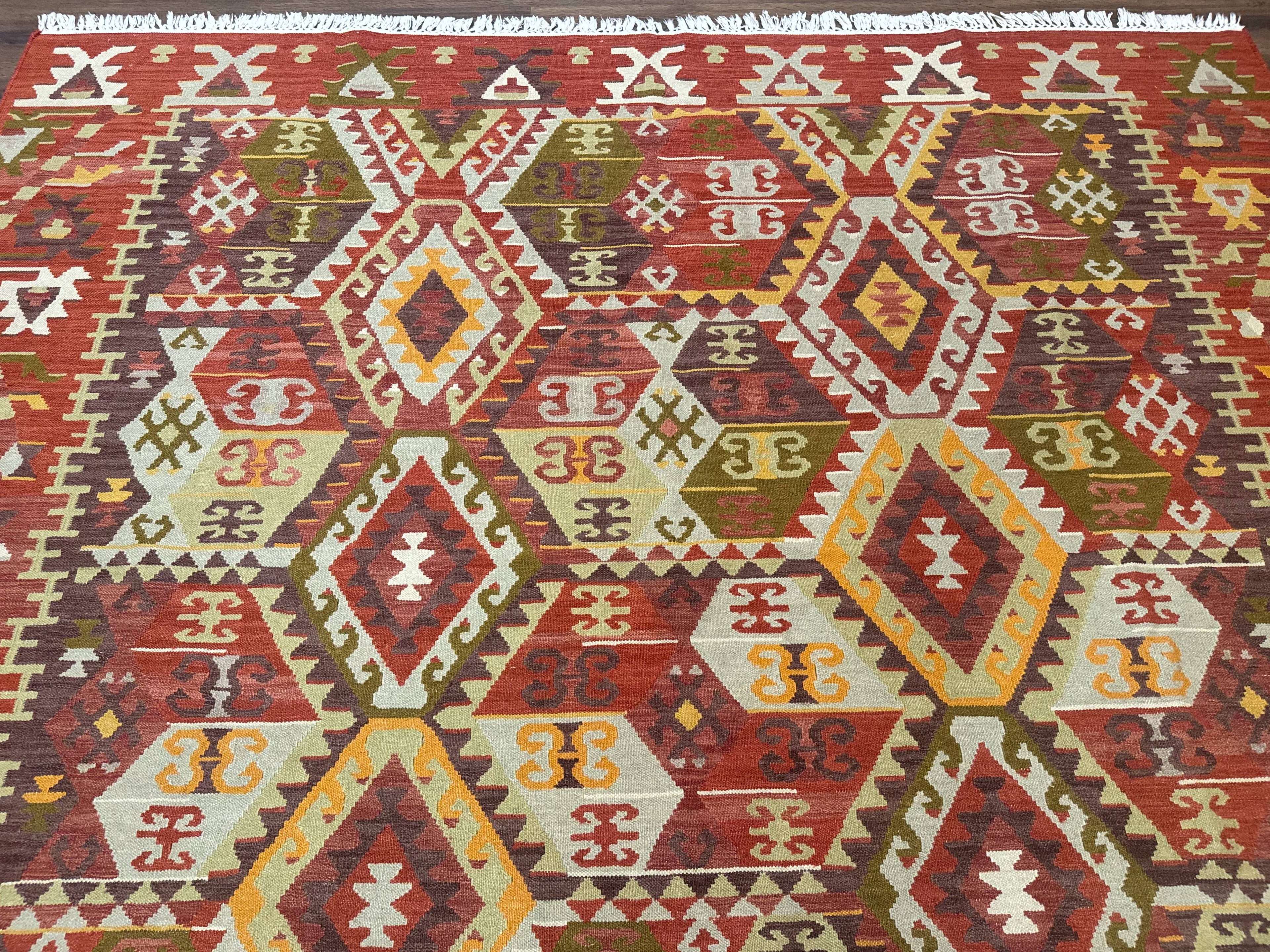 Turkish Kilim Rug 8x10, Geometric Design, Large Kilim Carpet