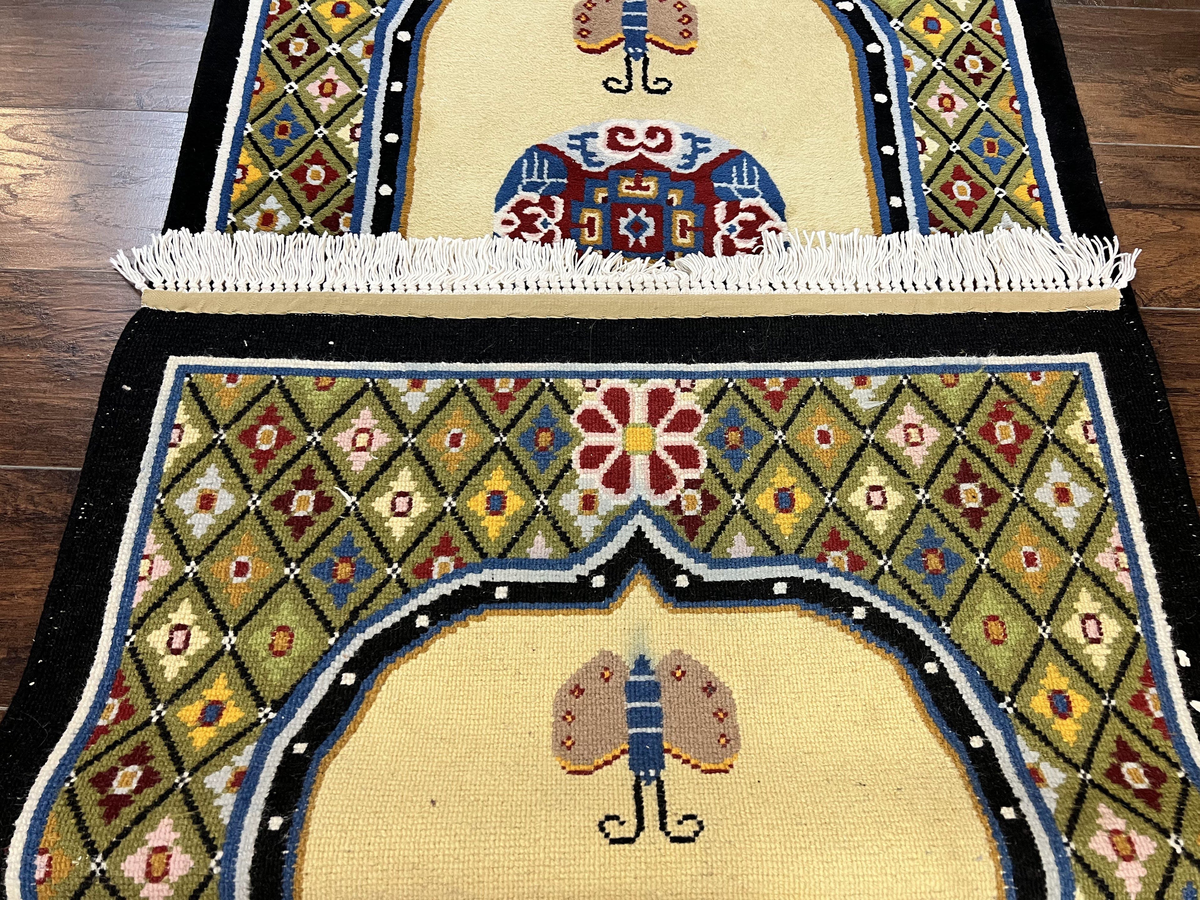 Chinese Rug 3x6 ft, Chinese Wool Rug, Tiensin Rug, Handmade Wool 3 x 6 Vintage Peking Rug, Art Deco Rug, Butterflies