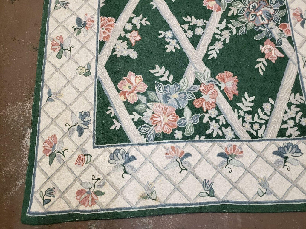 3' 6" X 5' 6" Hand Stitched Indian Wool Rug with Backing Green Beige
