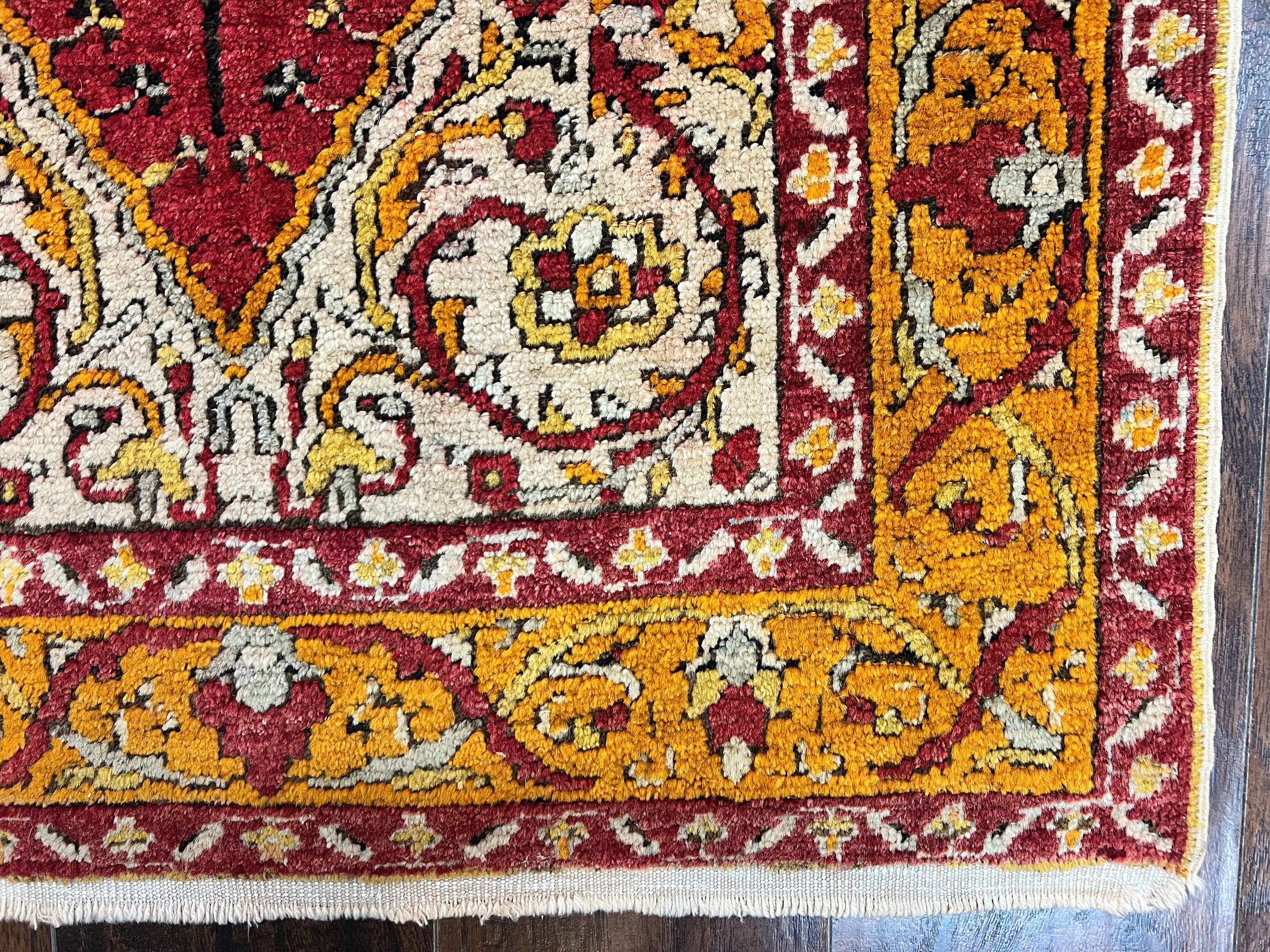 Antique Turkish Prayer Rug 3x5, Hand Knotted Turkish Melas Oushak Wool Carpet, Mehrab Rug, Orange & Red Vintage Rug 3 x 5 Collectible