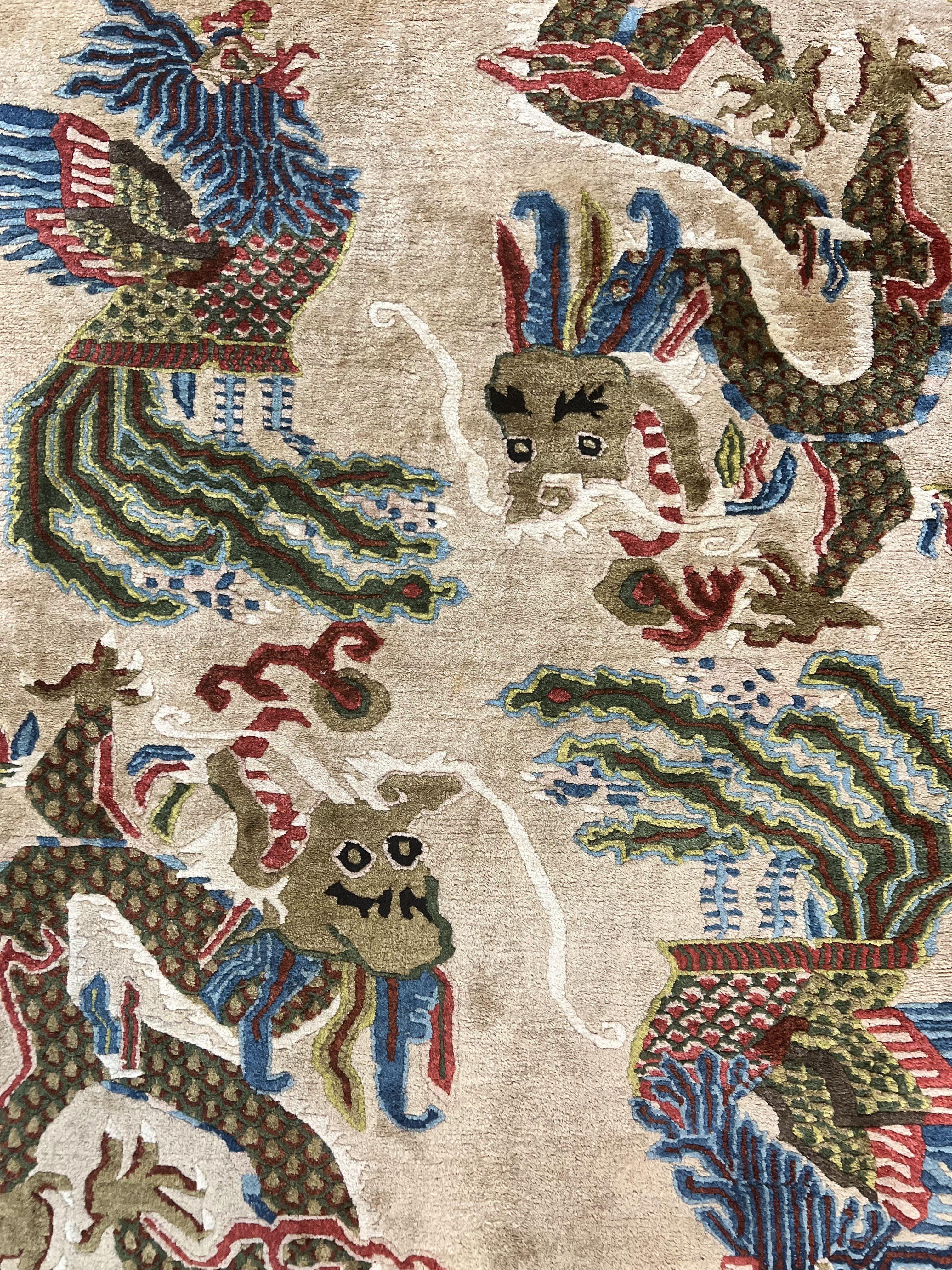 Antique Chinese Peking Rug 3 x 5.6, Dragon Motifs, Handmade Wool Asian Oriental Carpet