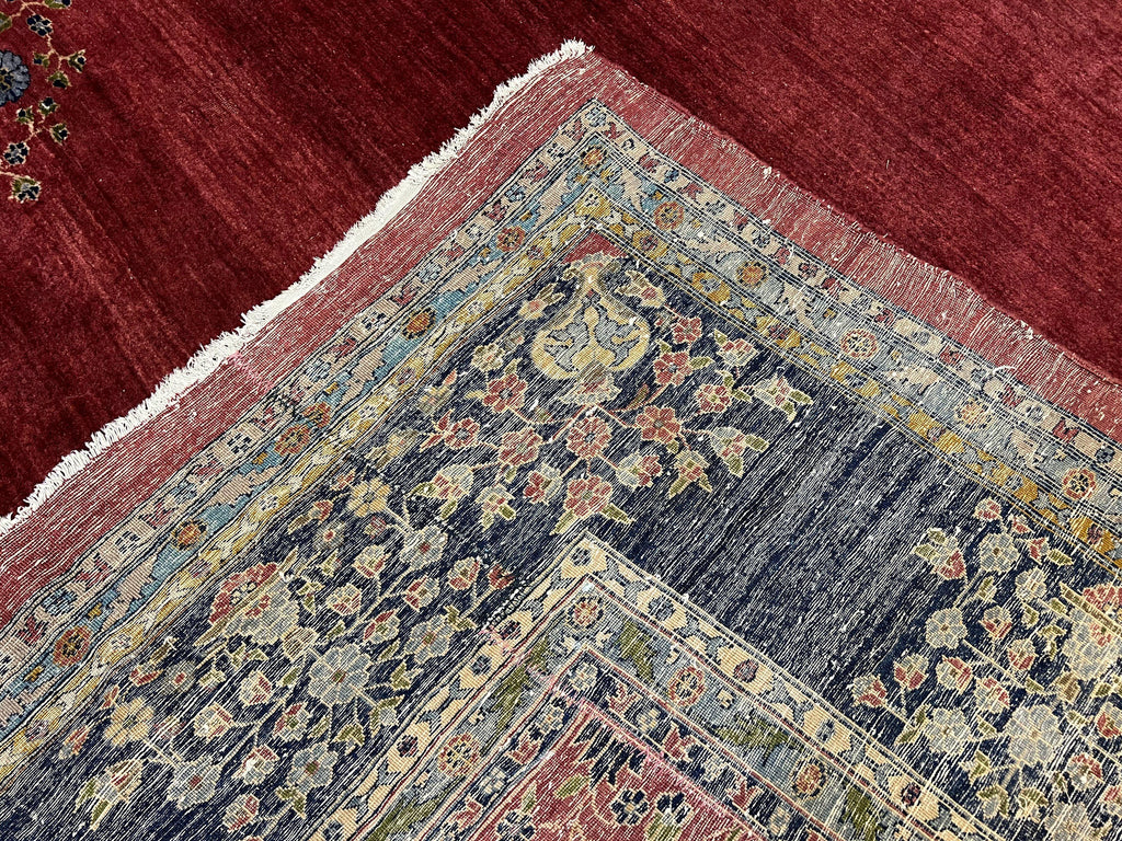 Large Persian Sarouk Rug 10x17, Open Field, Red and Navy Blue, Palace Sized Oversized Hand Knotted Wool Oriental Carpet Flowers Vases Antique 1920s
