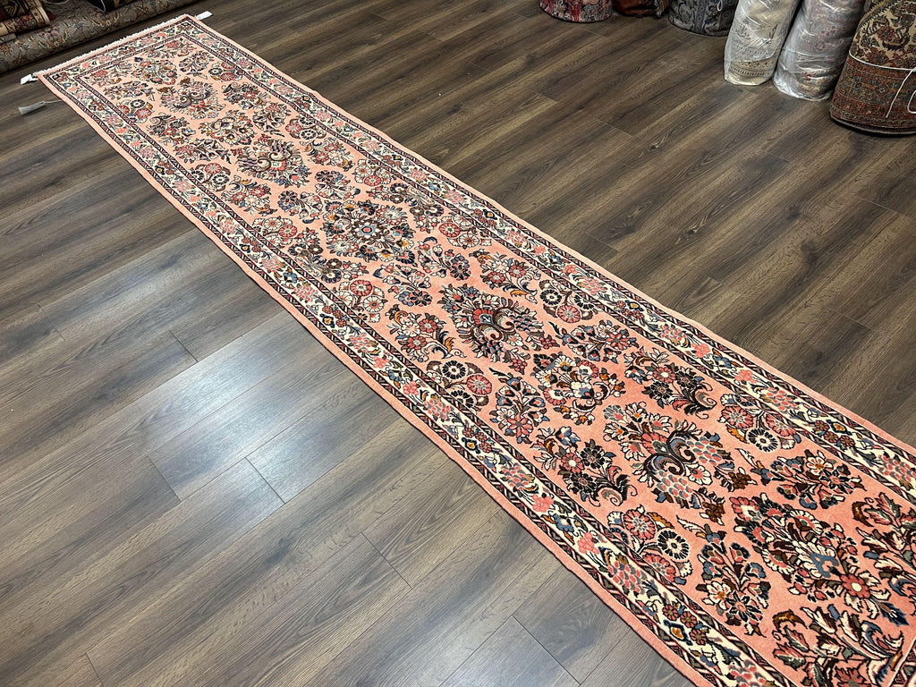 Persian Sarouk Runner Rug 2.9 x 13.6, Wool Floral Hand Knotted Runner
