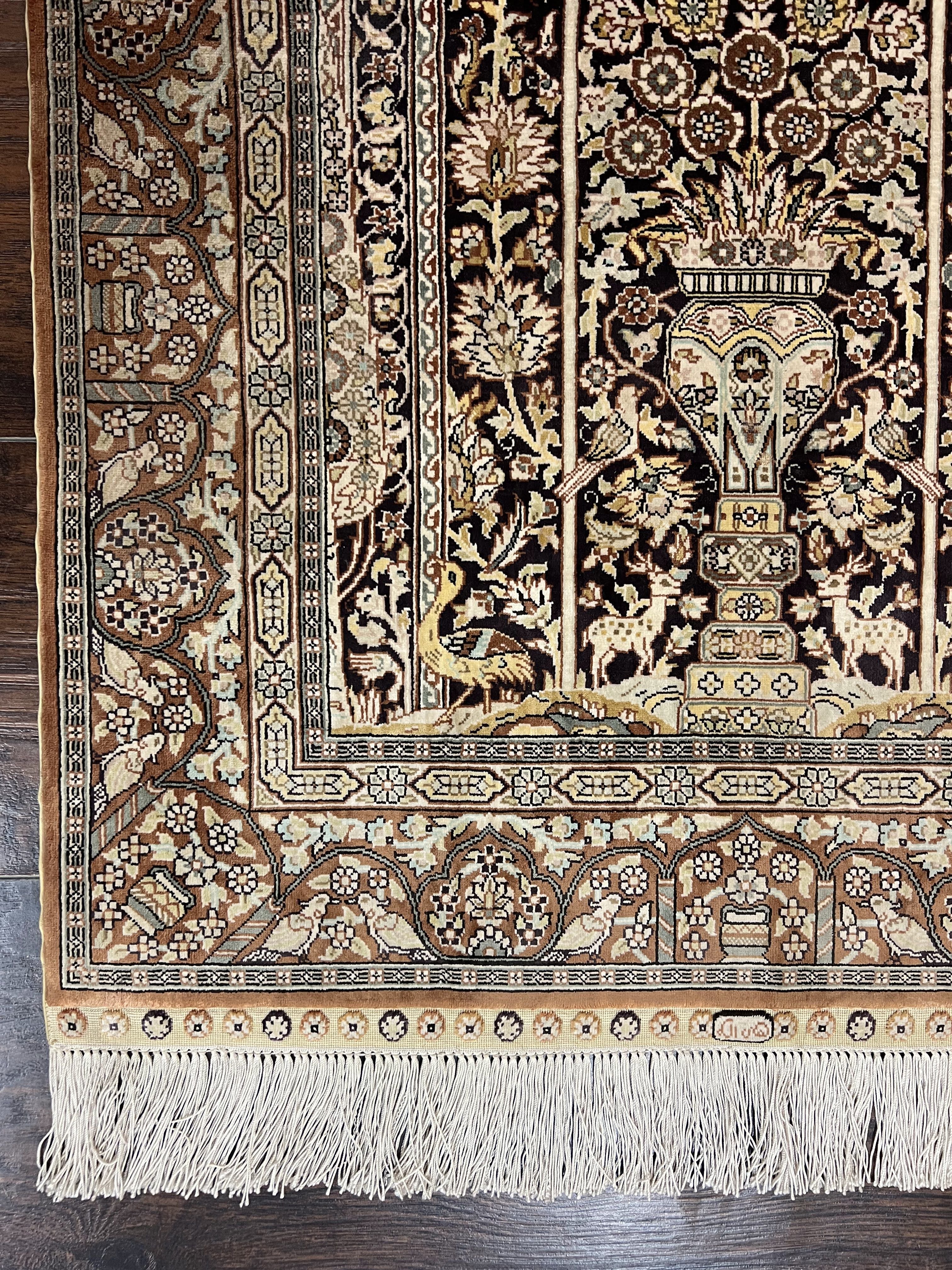 Turkish Silk Hereke Rug 2x3, Floral Vase Tree of Life Birds, Silk Pile on Silk Foundation, Vintage Oriental Carpet, Very Fine, Signature