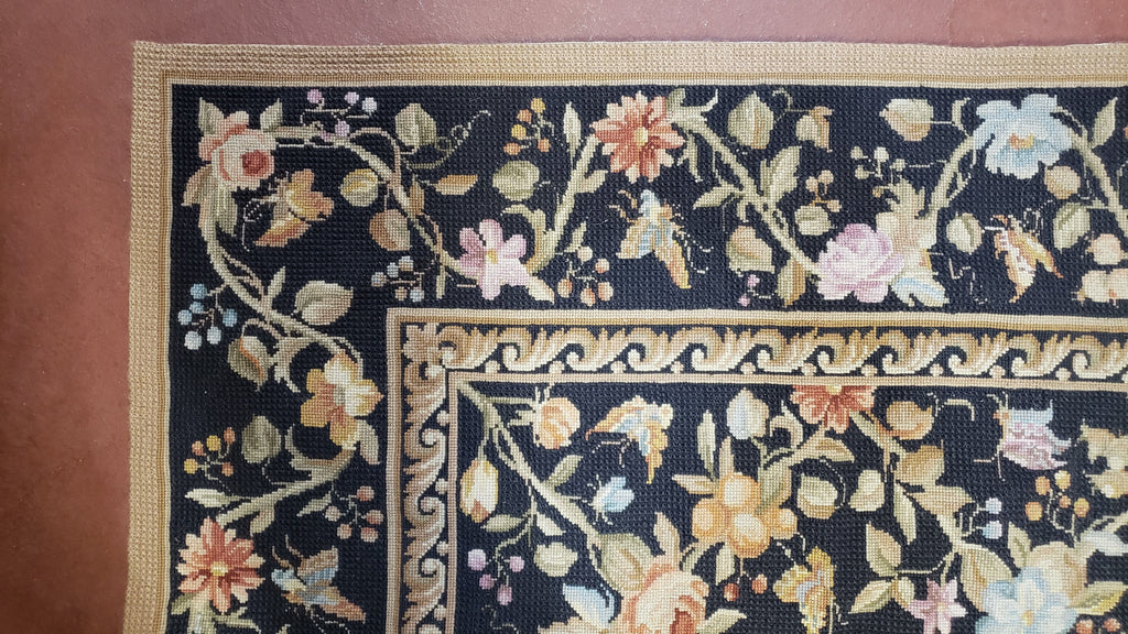 6x9 Vintage Needlepoint Rug, Petitepoint Carpet, Butterflies Floral Design