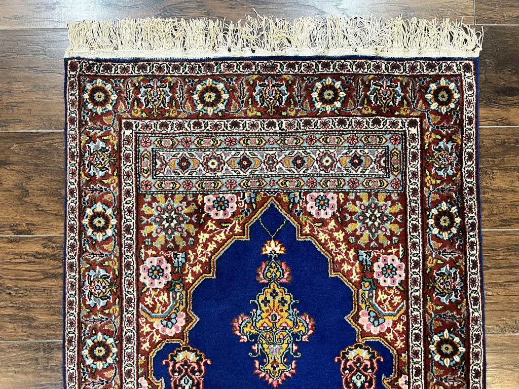 Indo Persian Prayer Rug 3x5, Fine Oriental Carpet, Dark Blue and Red, Vintage Hand Knotted Handmade Prayer Rug
