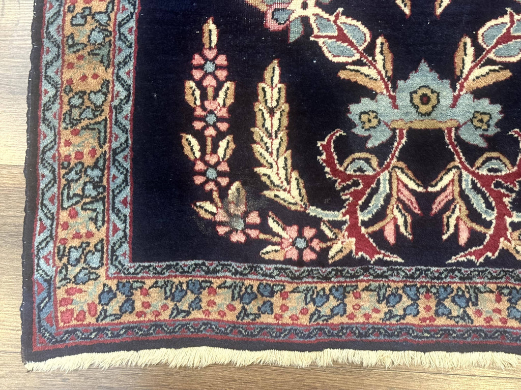 Antique Persian Kerman Rug 2.8 x 4, Navy Blue, Floral