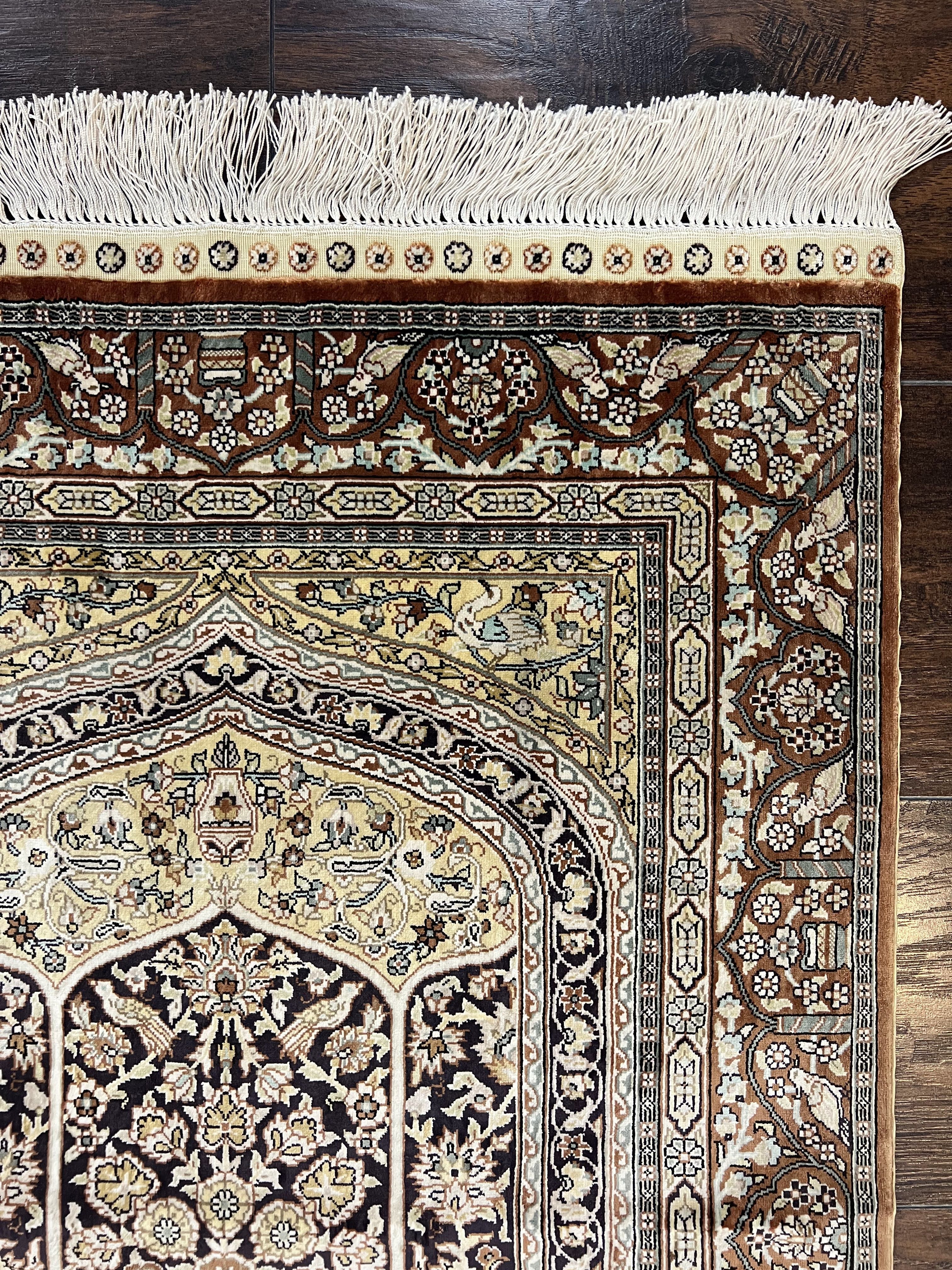 Turkish Silk Hereke Rug 2x3, Floral Vase Tree of Life Birds, Silk Pile on Silk Foundation, Vintage Oriental Carpet, Very Fine, Signature
