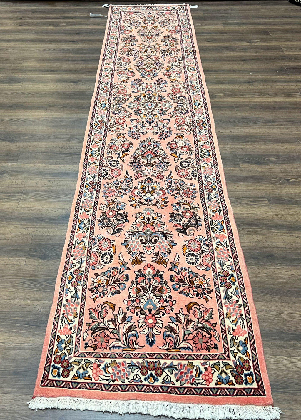 Persian Sarouk Runner Rug 2.9 x 13.6, Wool Floral Hand Knotted Runner