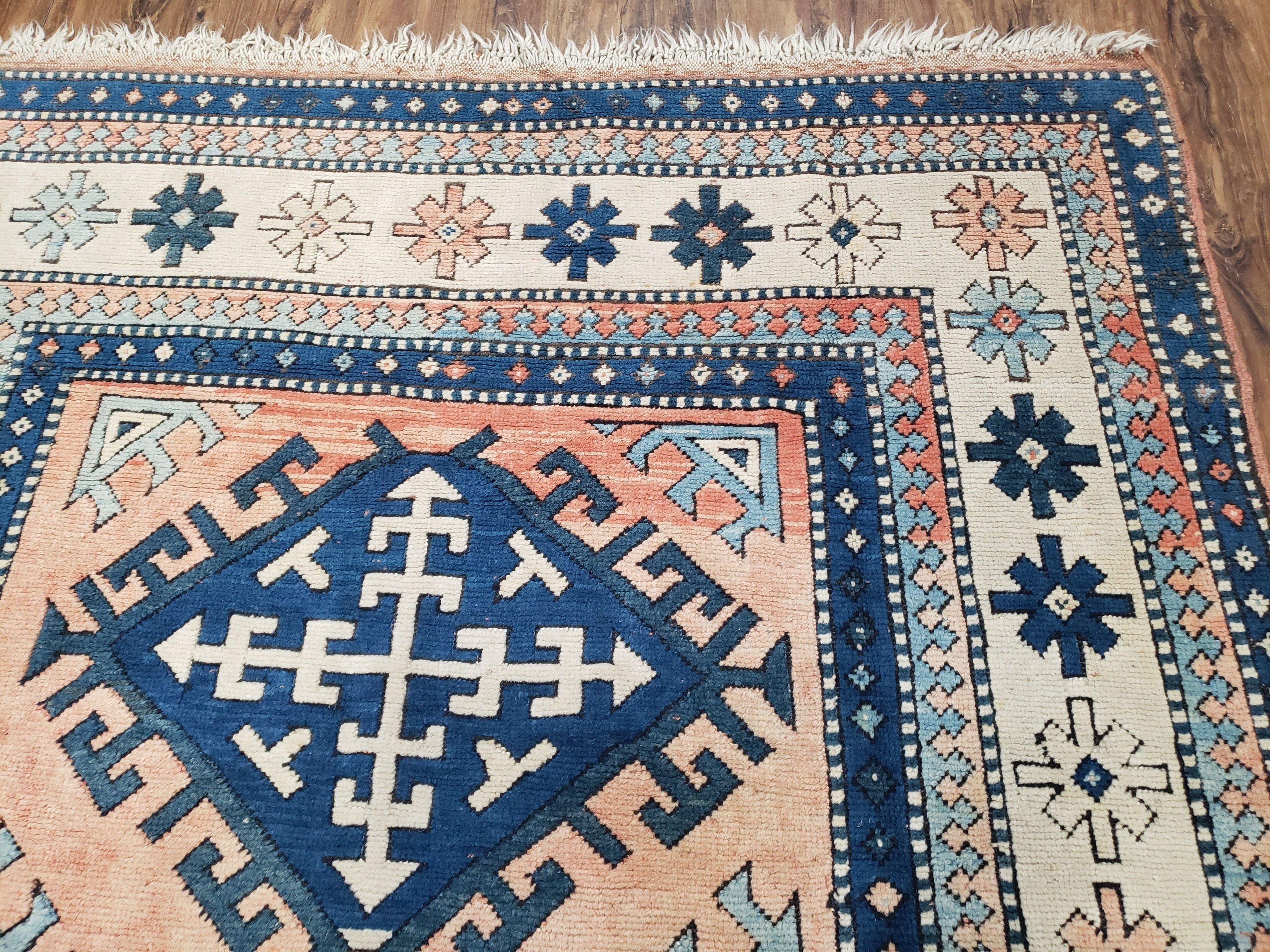 Turkish Kazak Rug 5x8 ft, Bold Geometric Bohemian Carpet, Blue and Ivory Hand Knotted Area Rug, Medium Sized High Quality Wool Oriental Rug