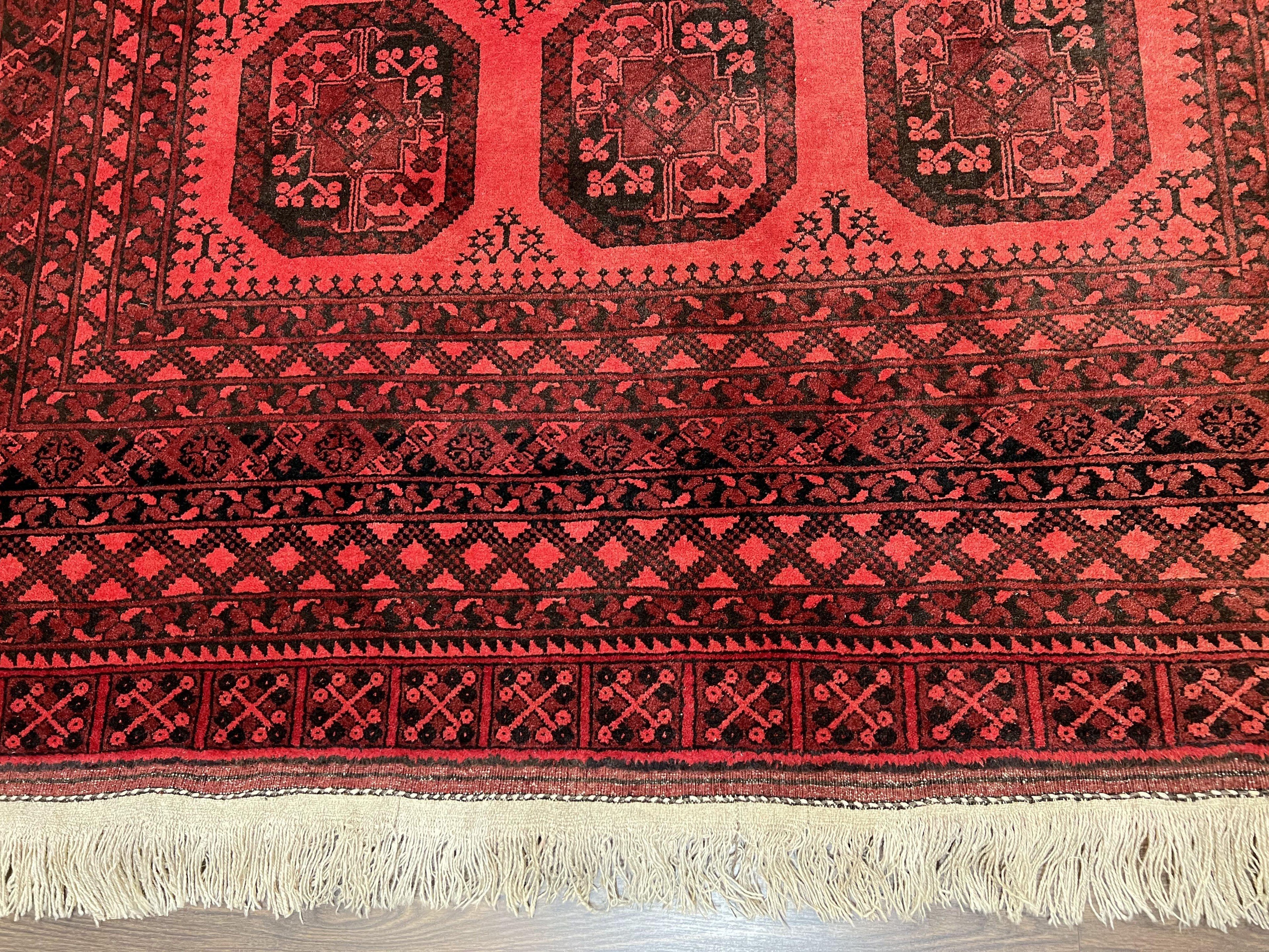 Afghan Turkoman Rug 7x10, Vintage Yamud Beshir Bokhara Carpet, Red and Black Bukhara Hand-Knotted Oriental Wool Handmade Rug, Elephant Foot