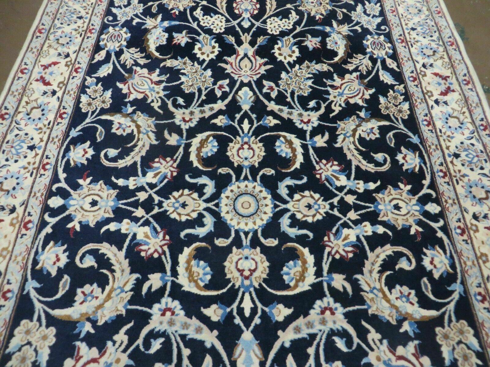 Persian Nain Rug 4x7, Navy Blue and Ivory, Handmade, Wool & Silk Highlights, Fine Oriental Rug, Vintage