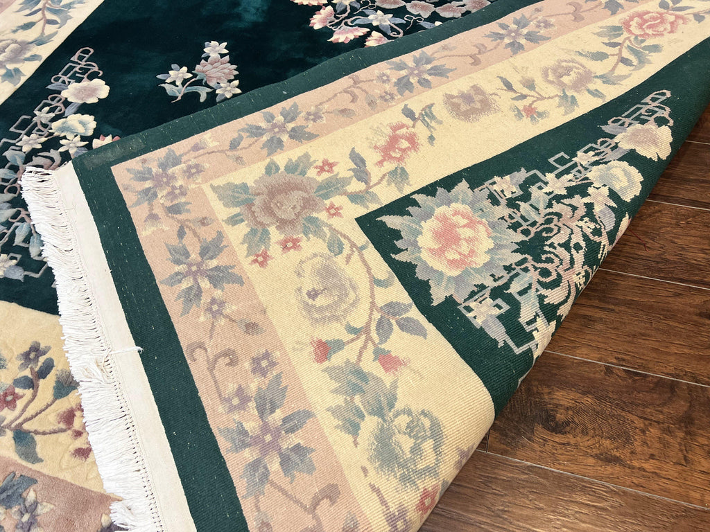 Chinese Art Deco Rug 9x12, Wool Hand Knotted Vintage Carpet, Dark Green & Cream, 90 Line Carving Rug