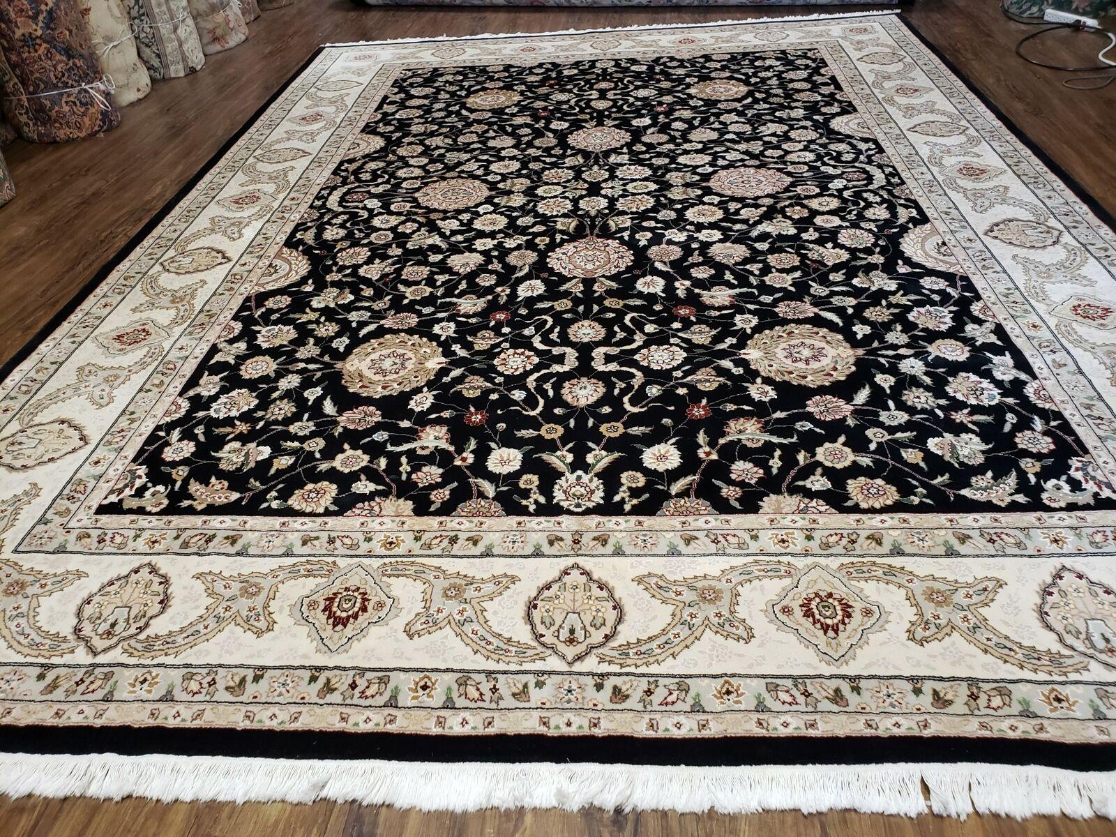8' 5" X 11' 6" Vintage Handmade Oriental Floral Wool Rug Silk Accent Black Nice