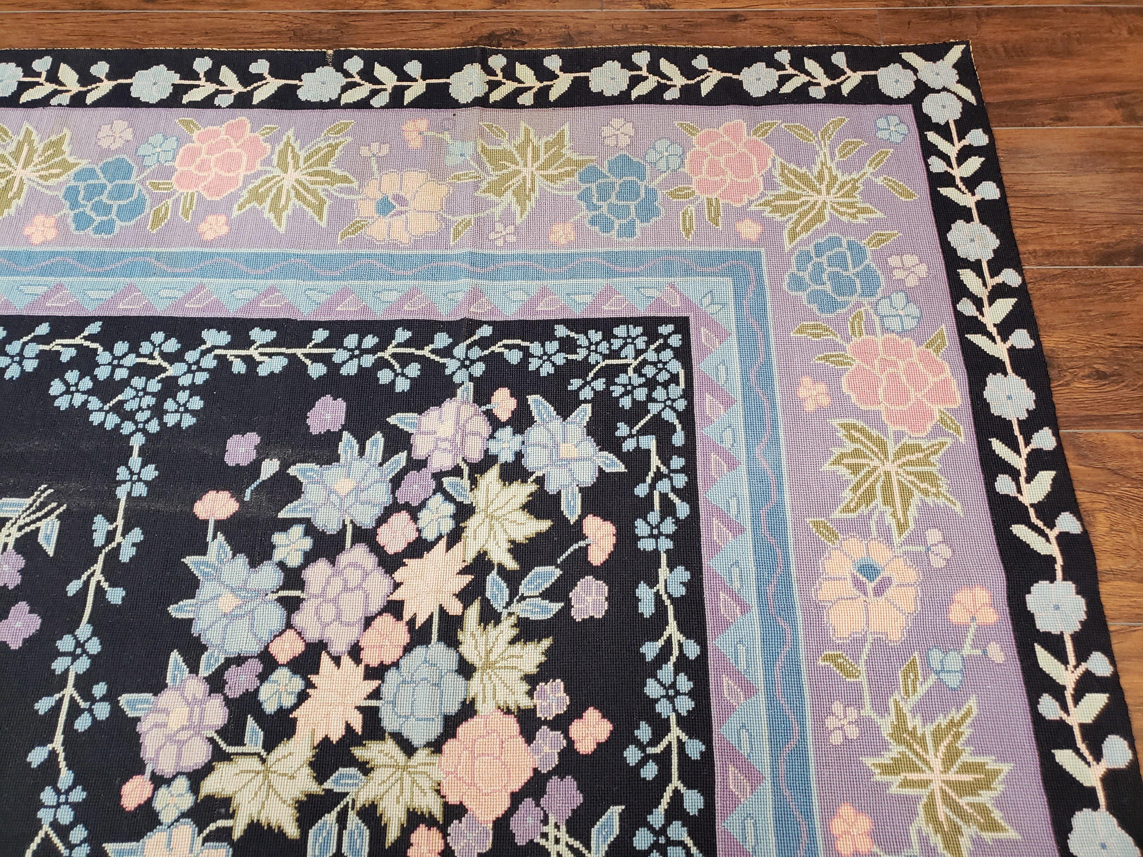 Chinese Needlepoint Rug 8 x 11.4, Hand-Woven Area Carpet, Flatweave Rug, Black Blue Light Violet Floral Garden European Design Wool Aubusson
