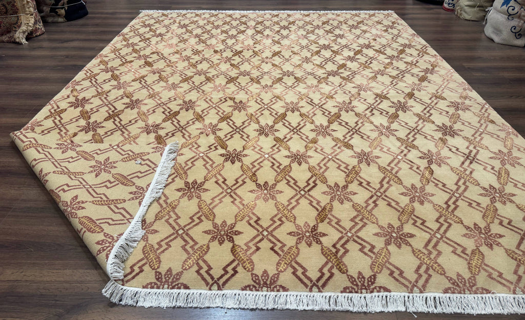 Tibetan Rug 8x10, Wool with Silk Highlights, Beige and Maroon, Contemporary Carpet