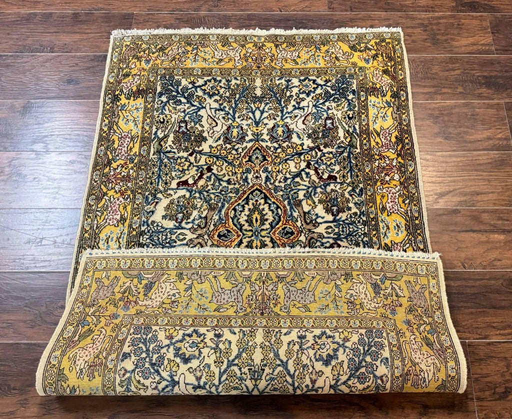 Persian Qum Tree of Life Rug 3.5 x 5.5, Animal Pictorials, Kork Wool with Silk Highlights