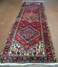 Persian Runner Rug, Heriz Runner Rug, Geometric Medallions, Red Cream Navy Blue Wool Hallway Rug 3.9 x 10.8 Antique Oriental Runner Handmade
