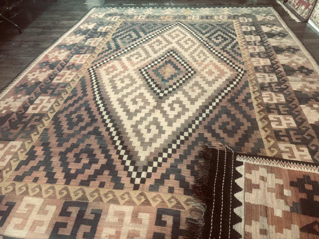 Antique Persian Tribal Kilim Rug 9x12, Zig Zag Pattern Kilim, Zarand Rug, Wool, Earth Tone Colors