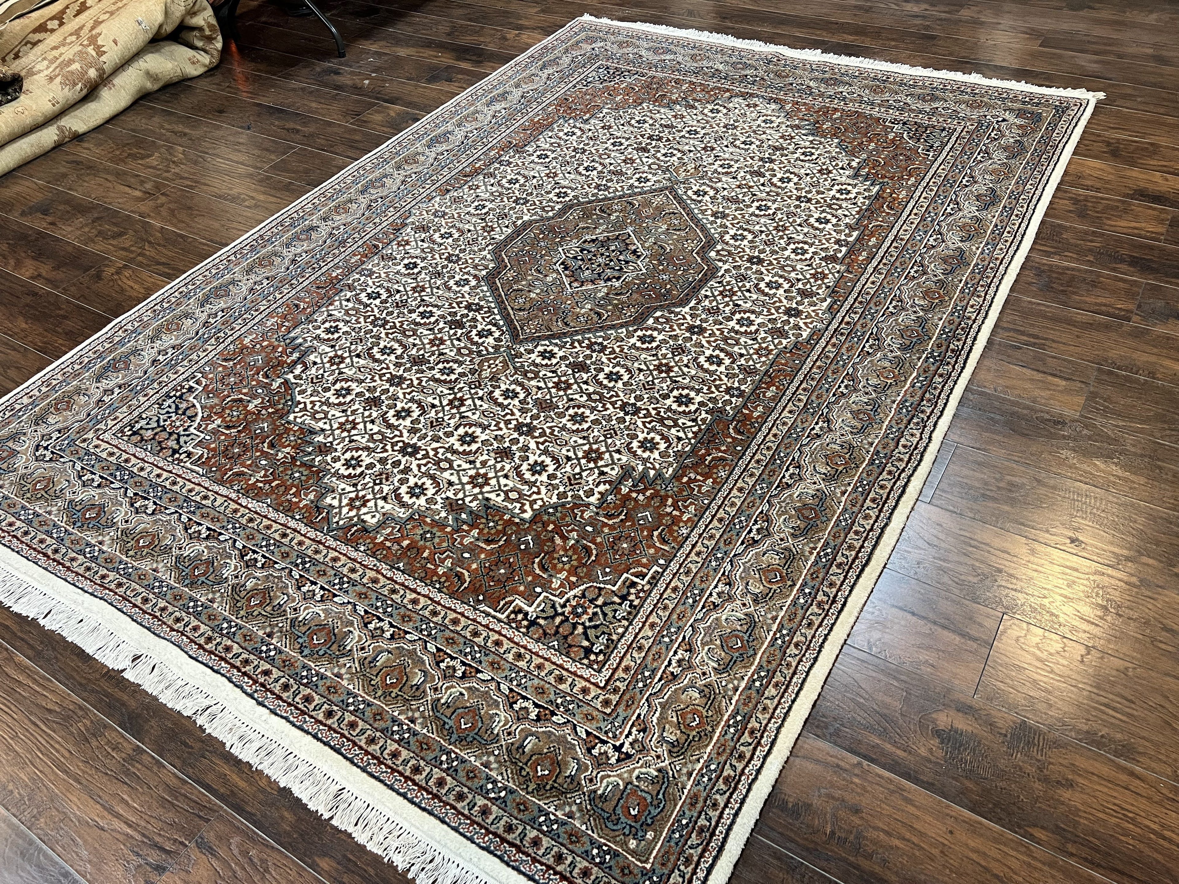 Indo Persian Rug 7x10 ft, Hand Knotted Wool Vintage Oriental Carpet 7 x 10, Traditional Handmade Herati Bidjar Cream Rug, Medallion Rug