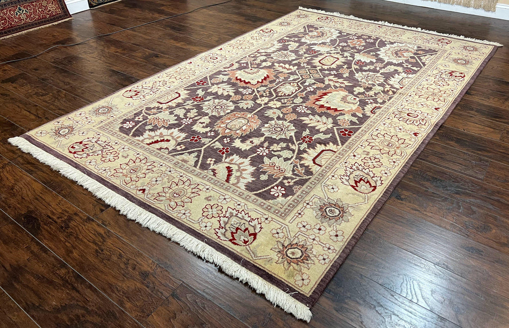 Vintage Indo Mahal Area Rug 6x9, Indian Persian Oriental Carpet 6 x 9, Puce Eggplant Tan Beige Rug, Hand-Knotted, Large Floral Design Wool