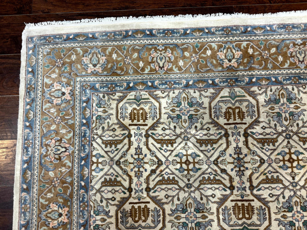 Indo Persian Rug 6x9, Beige, Allover Pattern, Vintage Wool Oriental Carpet