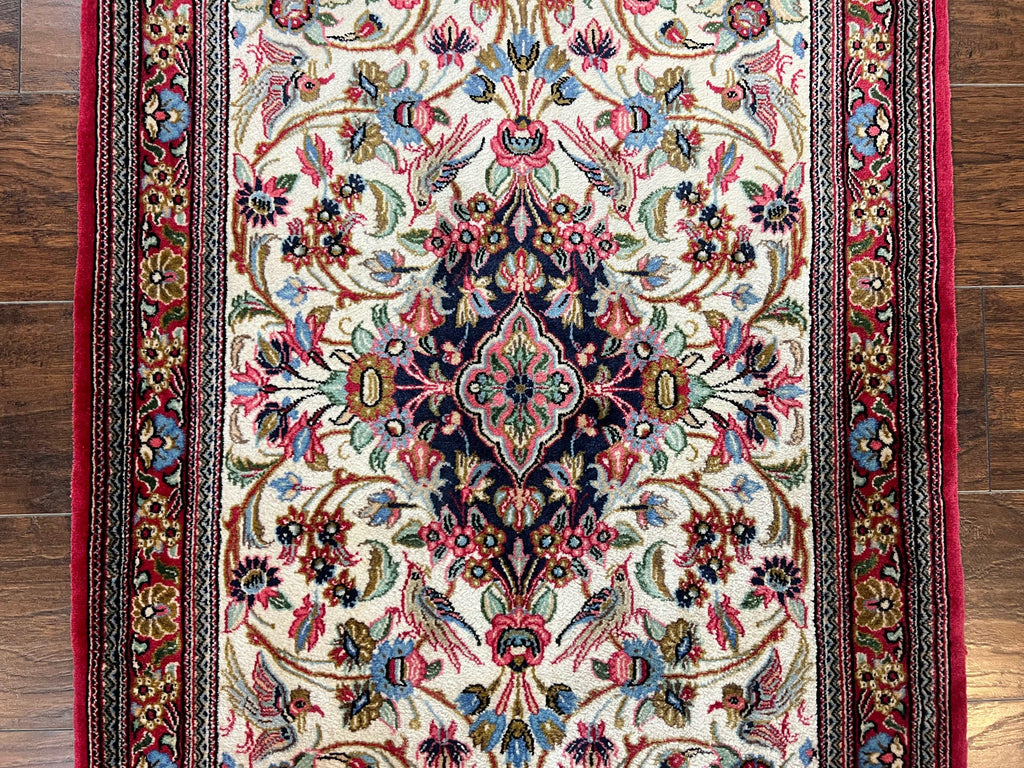 Wonderful Persian Qum Runner Rug 2.8 x 10 ft, Floral Medallions with Bird Motifs, Hand Knotted Wool Fine Oriental 10ft Hallway Runner, Cream Red