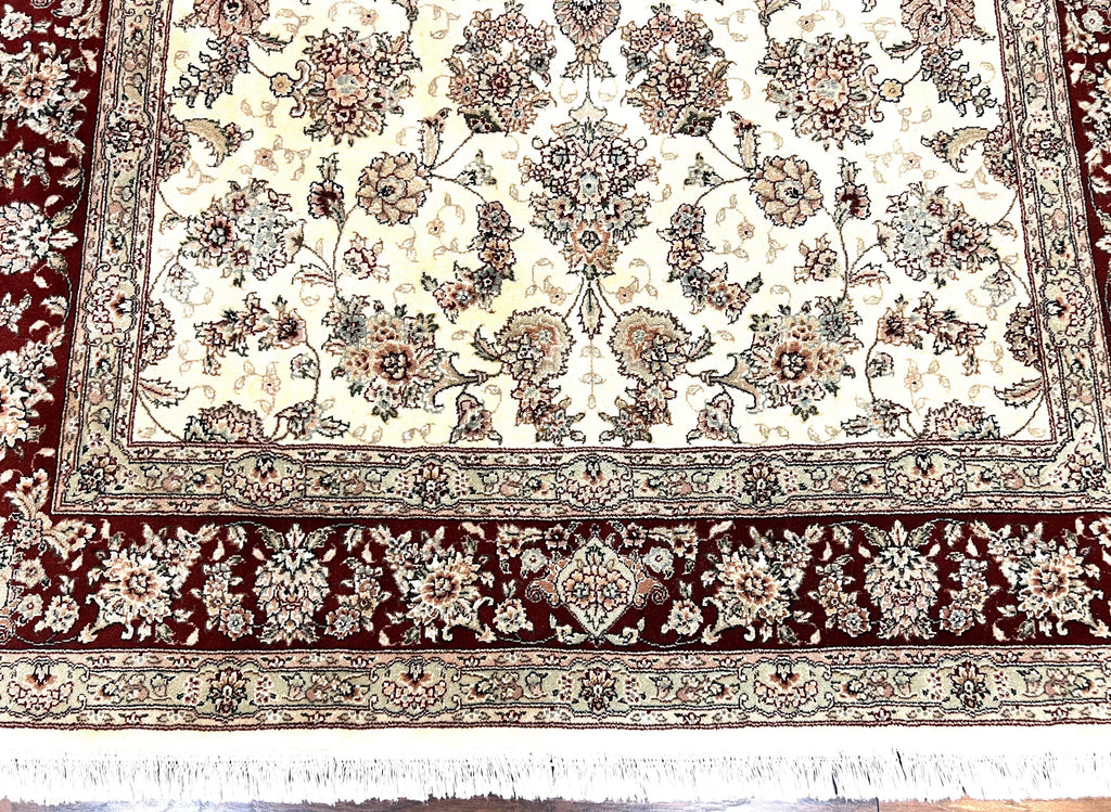 Pak Persian Rug 6x9, Floral Allover Carpet 6 x 9 ft, Cream and Maroon Hand Knotted Wool and Silk Fine Oriental Rug, Traditional Vintage Rug