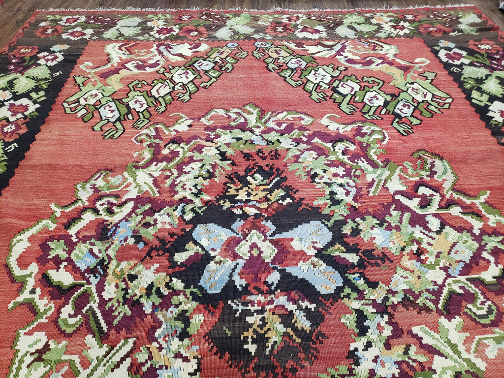 Karabakh Rug 8x11, Caucasian Kilim Rug, Vintage Antique Turkish Anatolian Azerbaijani Carpet, Wool Red & Black Hand-Woven 8 x 11 Living Room