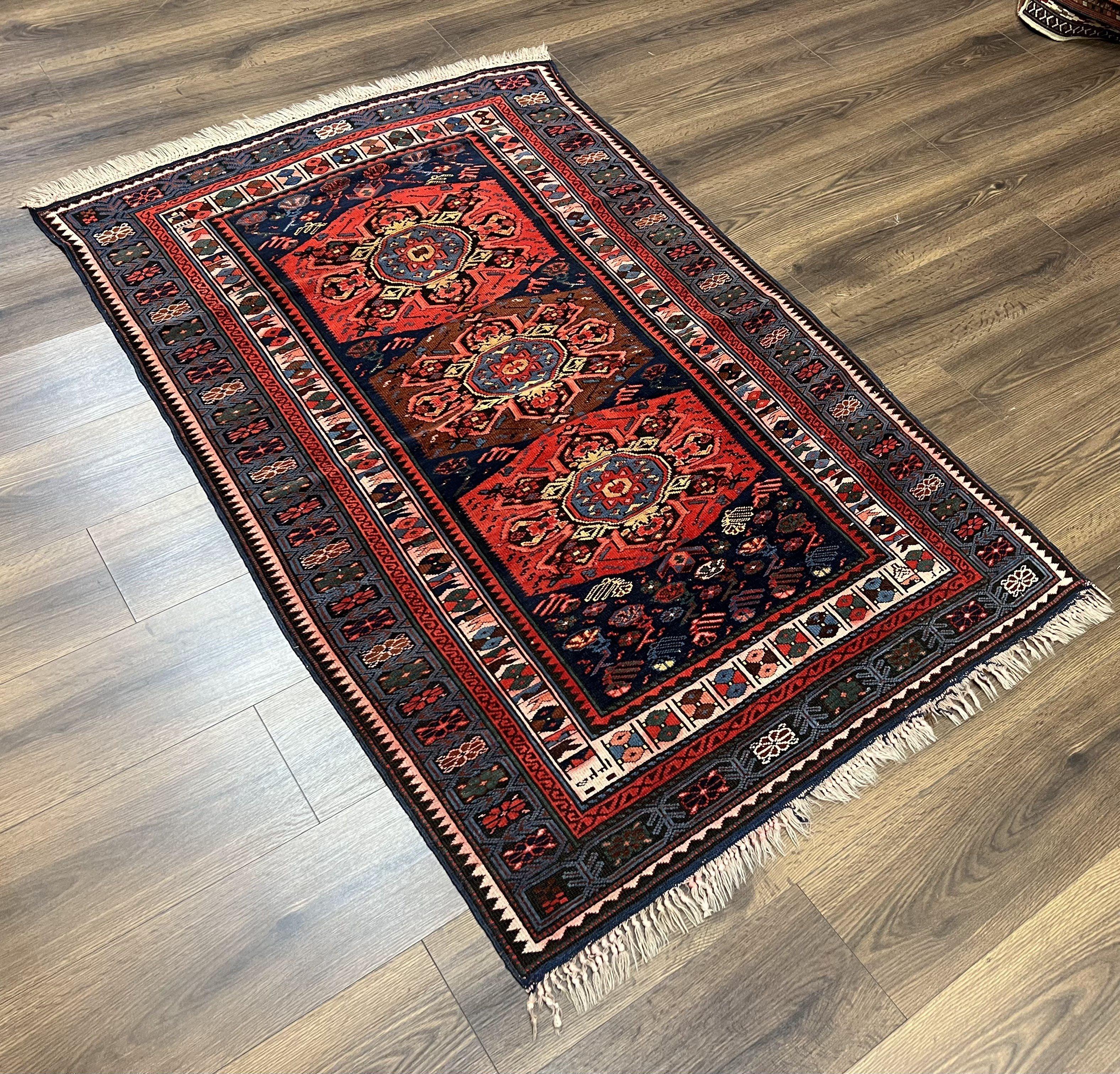 Antique Caucasian Seychour Rug 3.7 x 5.5, Collectible Oriental Carpet, Navy Blue and Red, Fine Kuba Rug, Vintage Rug, Wool Hand Knotted Rug